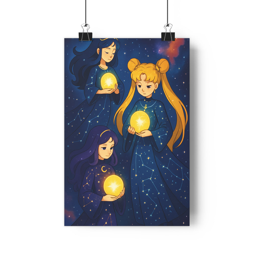 Poster décoratif cosmique bleu jaune mystique féminin dessin animé étoilé chambre magique constellation ambiance