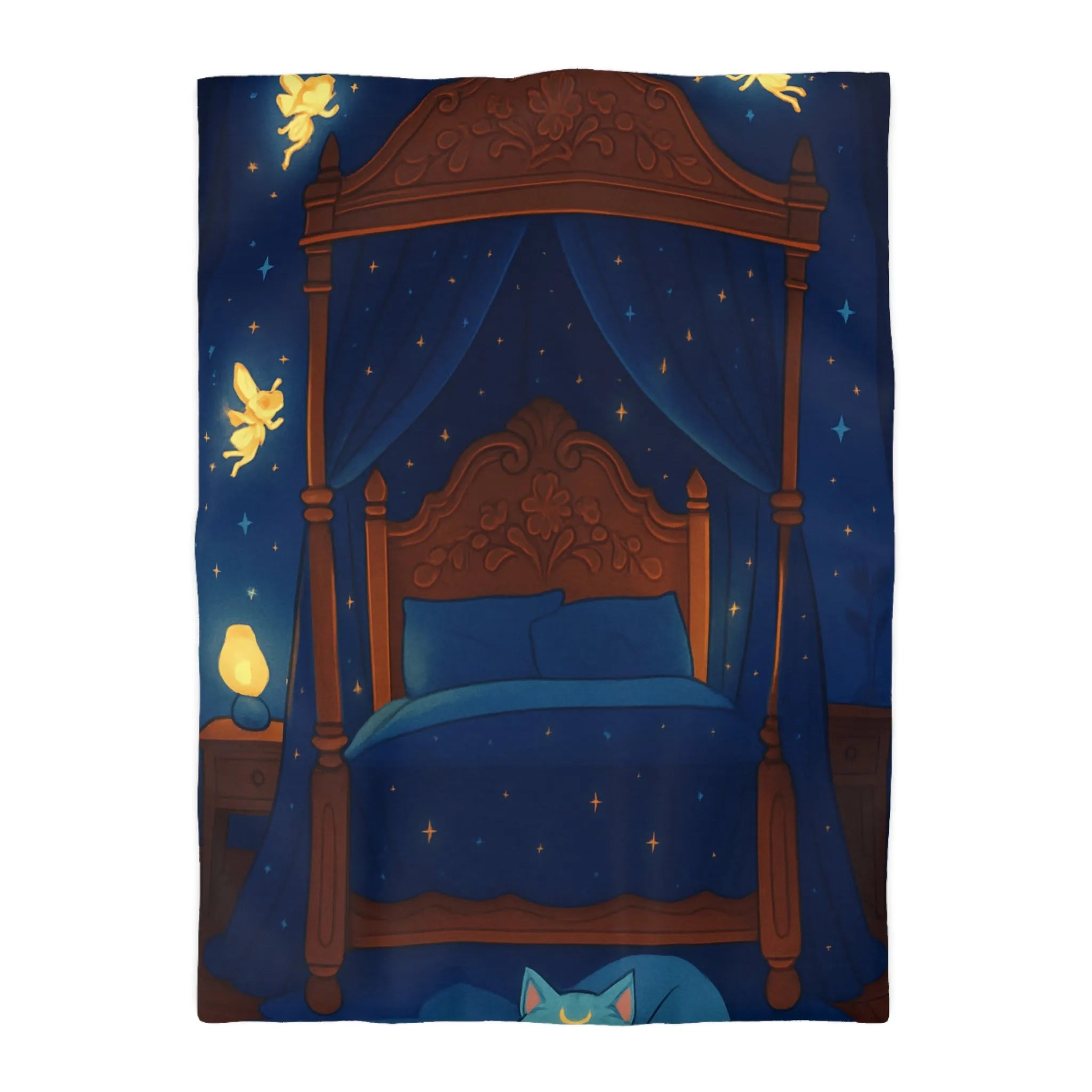 Housse de couette bleue étoilée avec fées et chat endormi, ambiance féérique