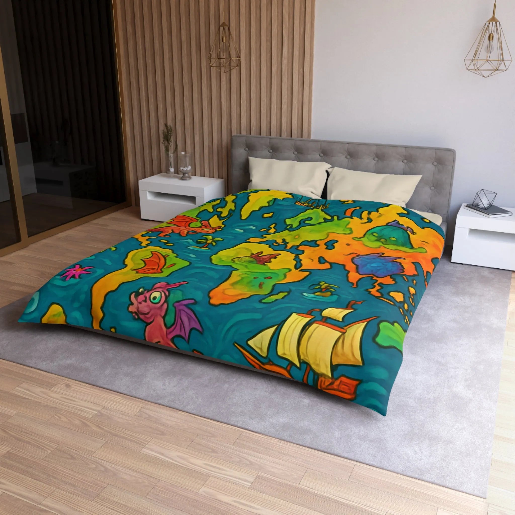 Housse de couette carte monde fantastique avec dragons et bateaux pour enfant