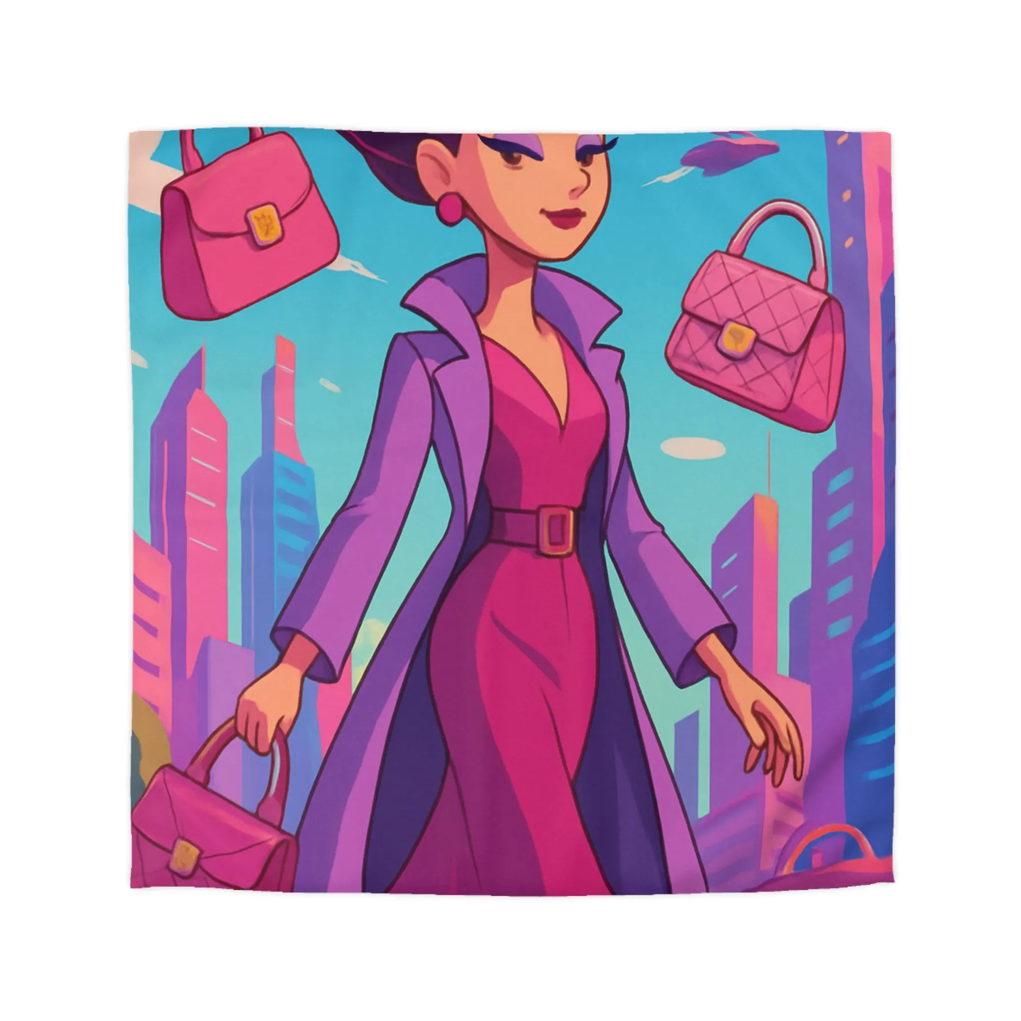 Élégante illustration urbaine rétro-futuriste avec personnage glamour et accessoires stylés en rose