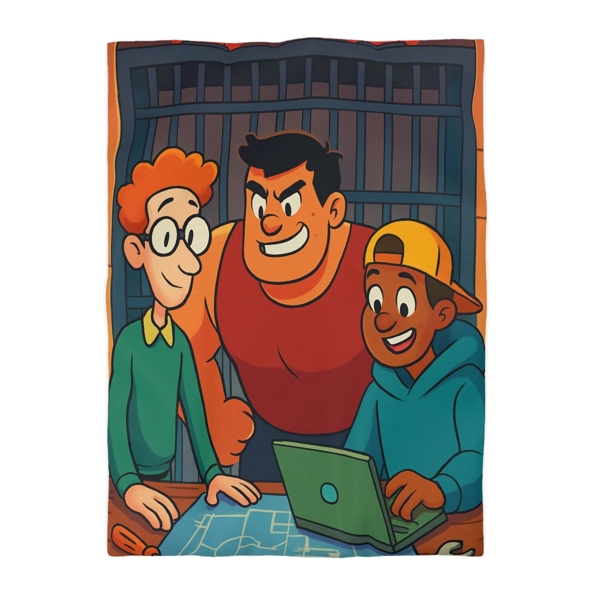 Housse de couette colorée avec plan et personnages animés souriants en arrière-plan