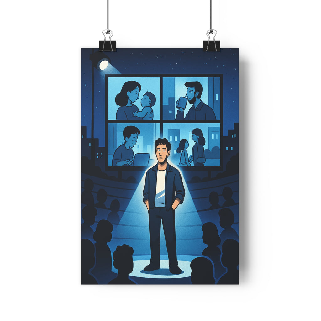 Poster décoratif moderne cinéma bleu personnage principal projecteur ambiance salon cartoon contemporain design unique