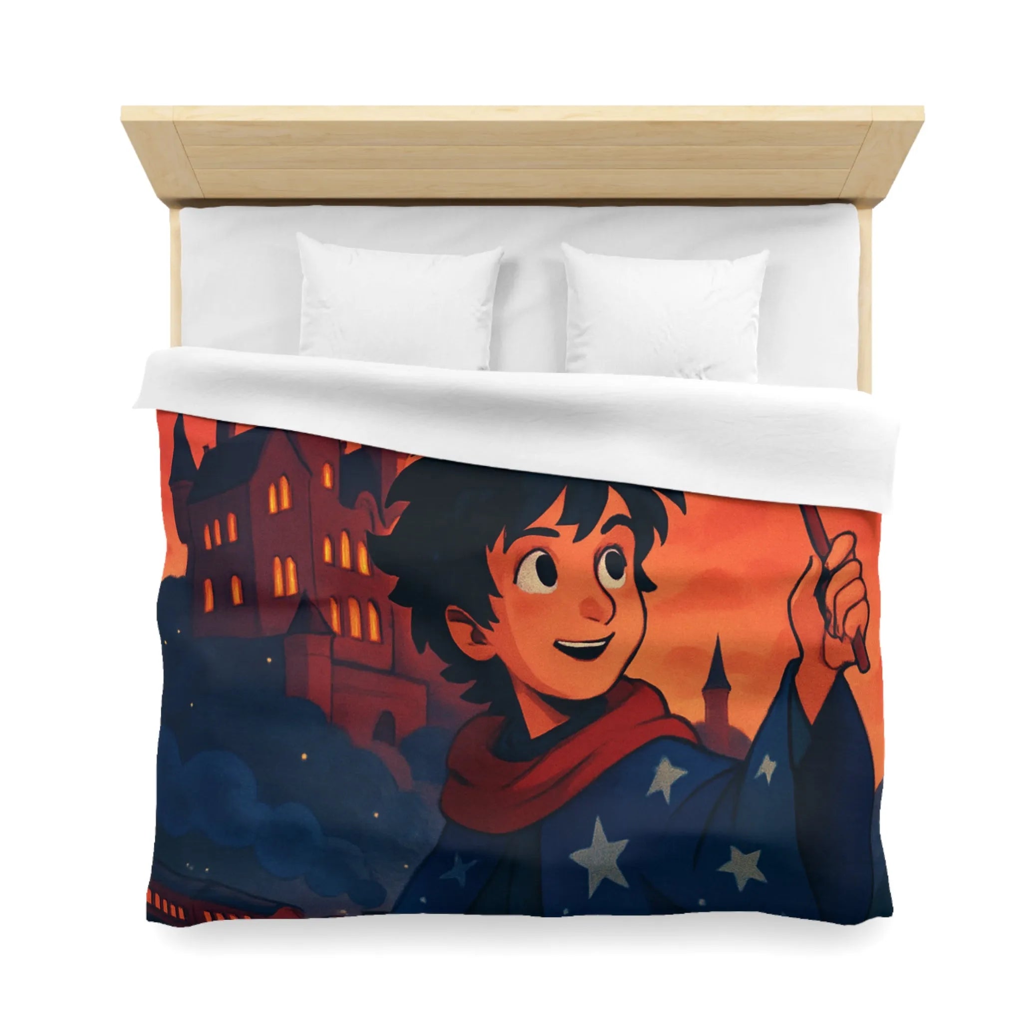 Housse de Couette Enfant Magie Château Nuit Feu d'Artifice Dragon et Hibou