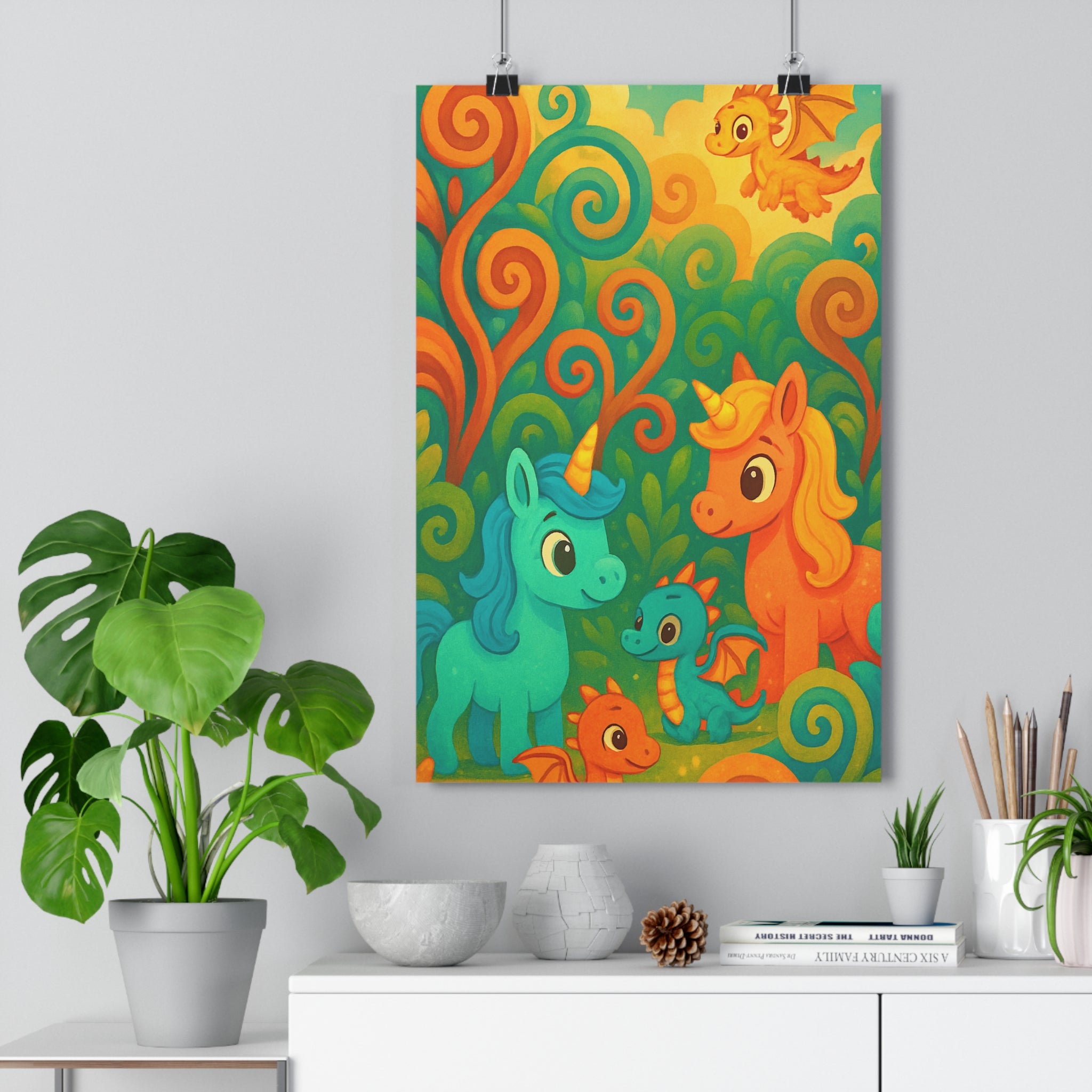 Poster décoratif fantastique licornes dragons orange bleu vert joyeux enfant chambre créatif 30x46 cm