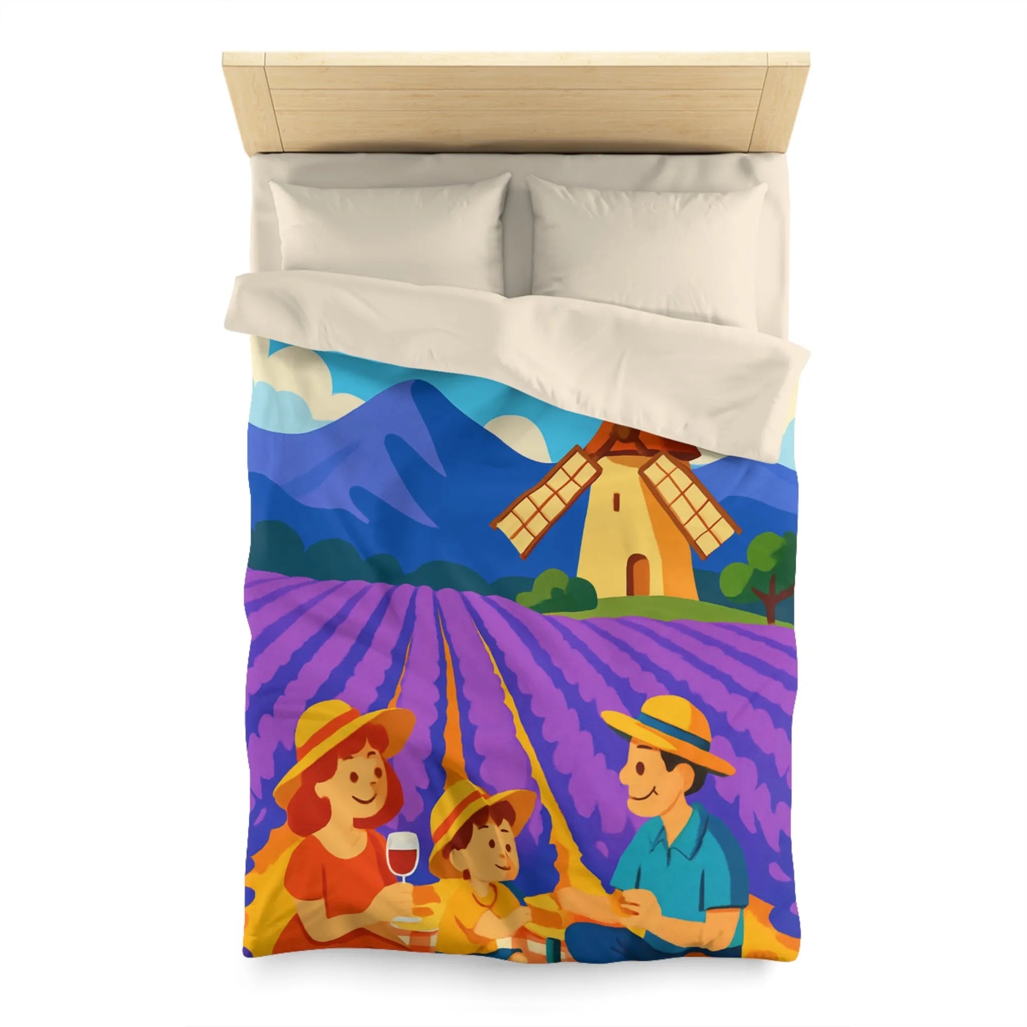 Housse de Couette Illustrée Scène de Pique-Nique en Provence avec Moulin à Vent