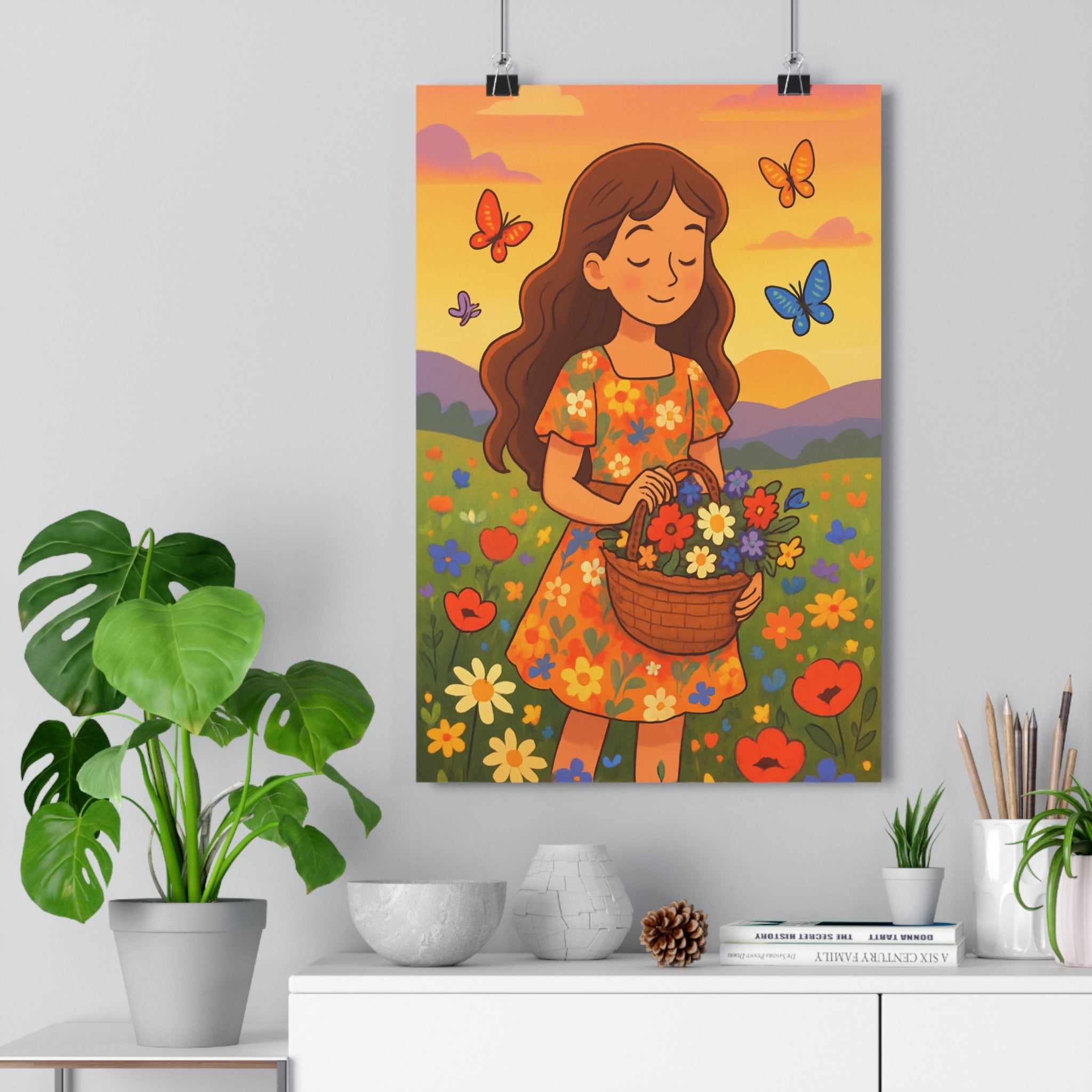 Poster décoratif floral rêveur coloré jeune fille papillons rose orange champ ambiance paisible chambre