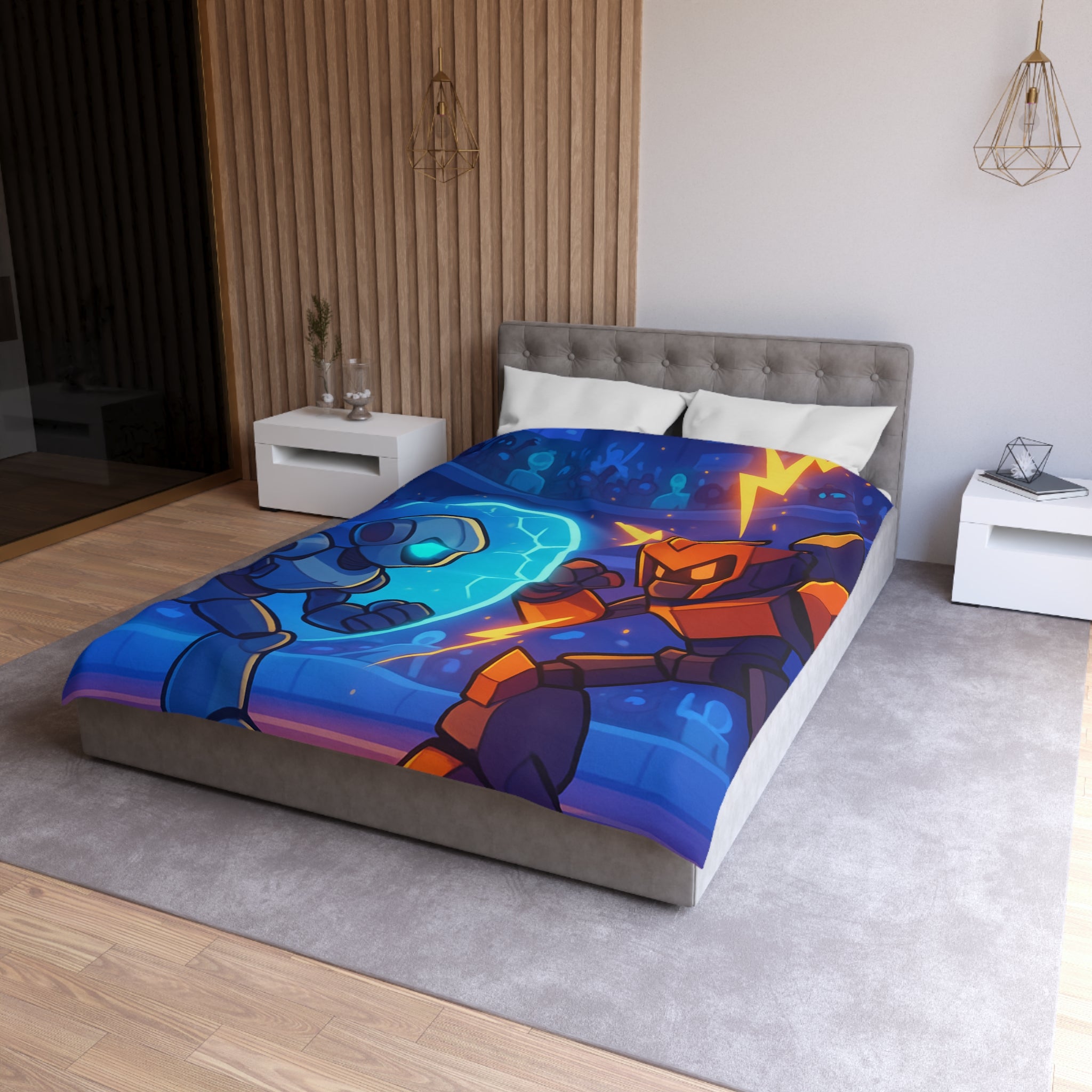 "Housse de couette avec robots futuristes en duel, éclairs et énergie dans l'arène"