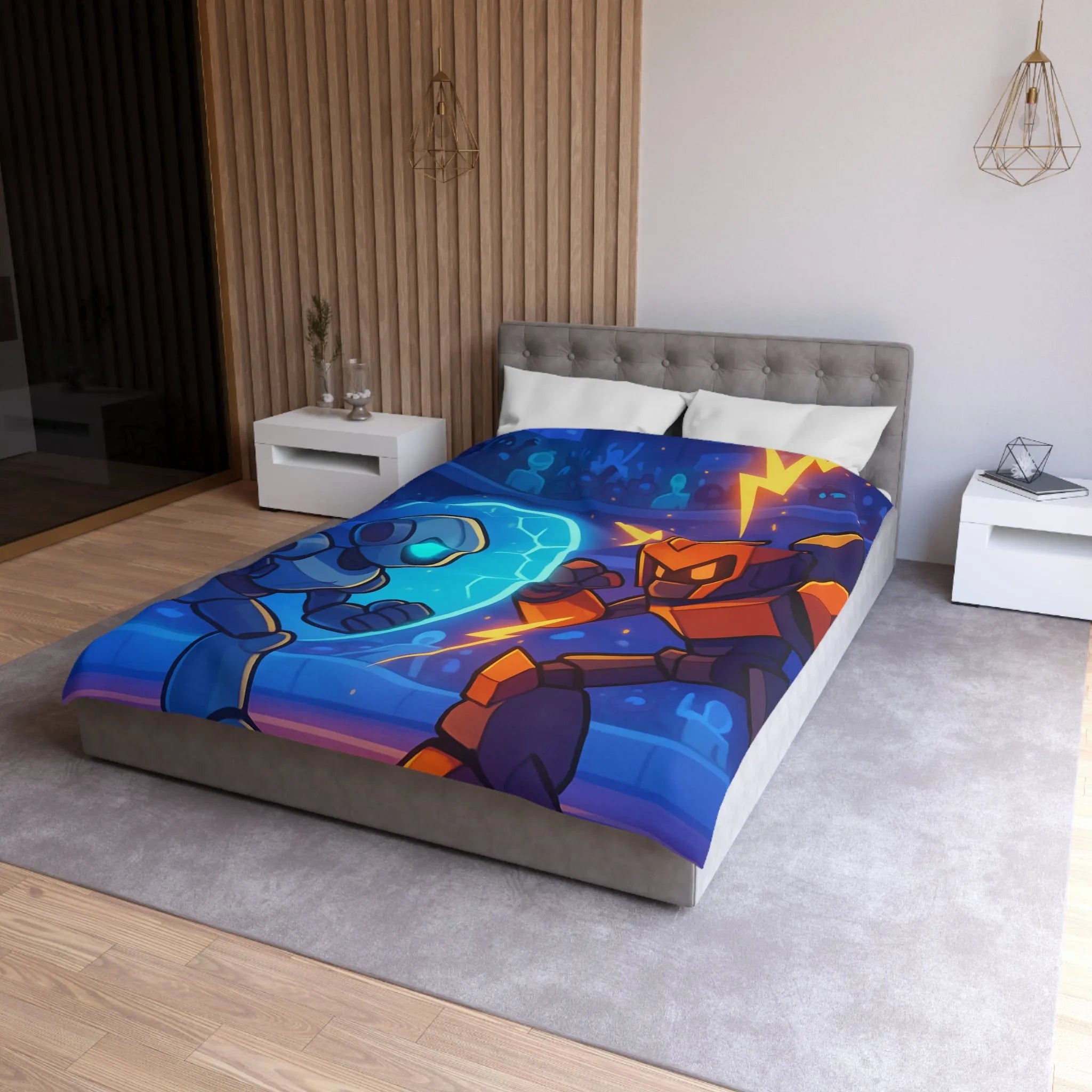 Housse de couette avec robots futuristes en duel, éclairs et énergie dans l'arène