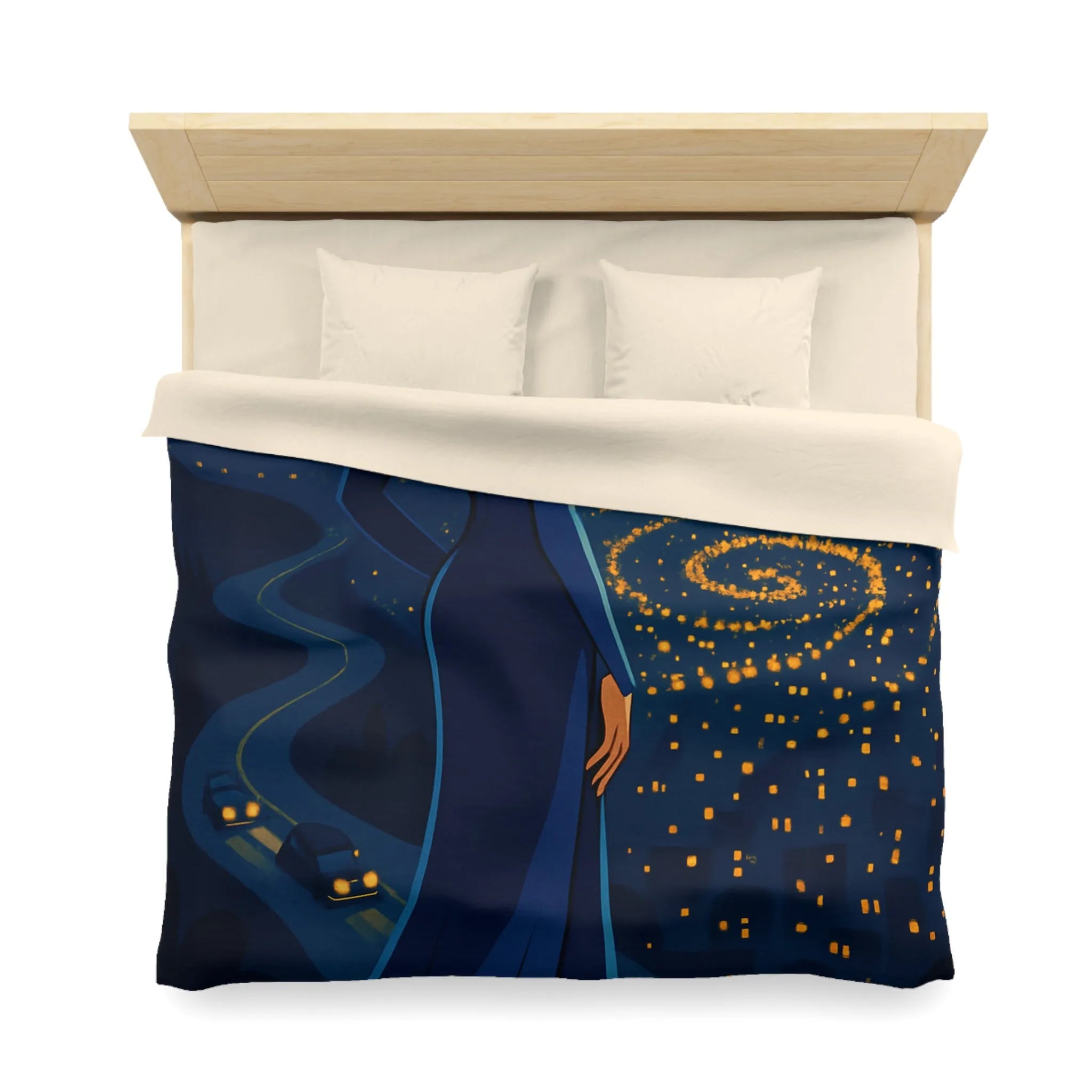 Élégante femme blonde contemplant un paysage nocturne étoilé en robe bleue longue