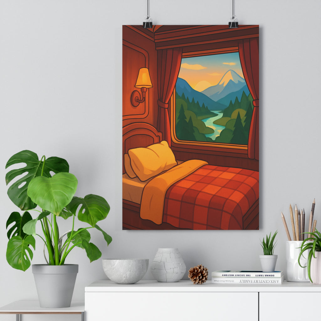 Poster décoratif nostalgique rouge jaune aventure chambre train lever soleil paysage nature moderne qualité