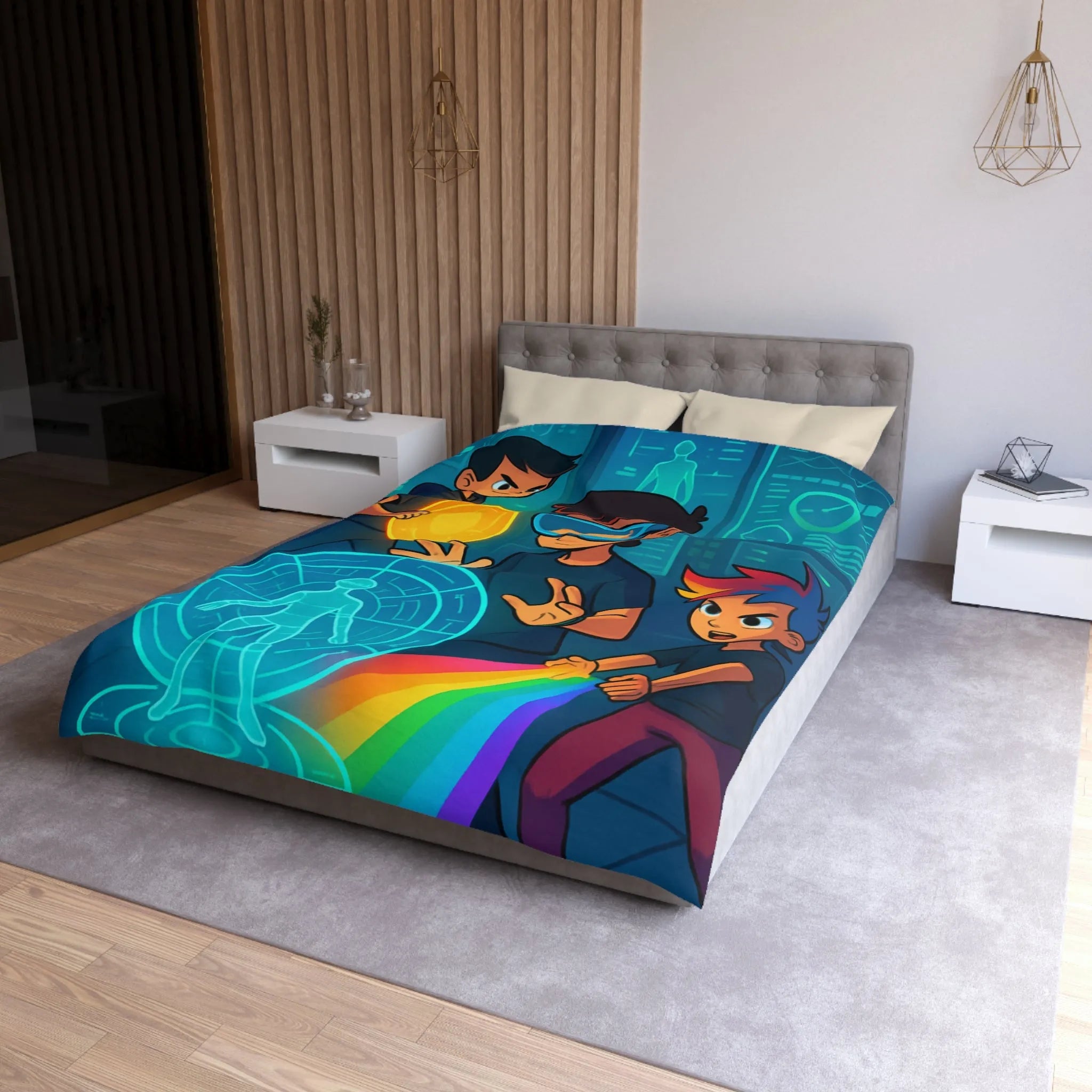 Housse de couette colorée avec enfants explorant un monde futuriste numérique et lumineux