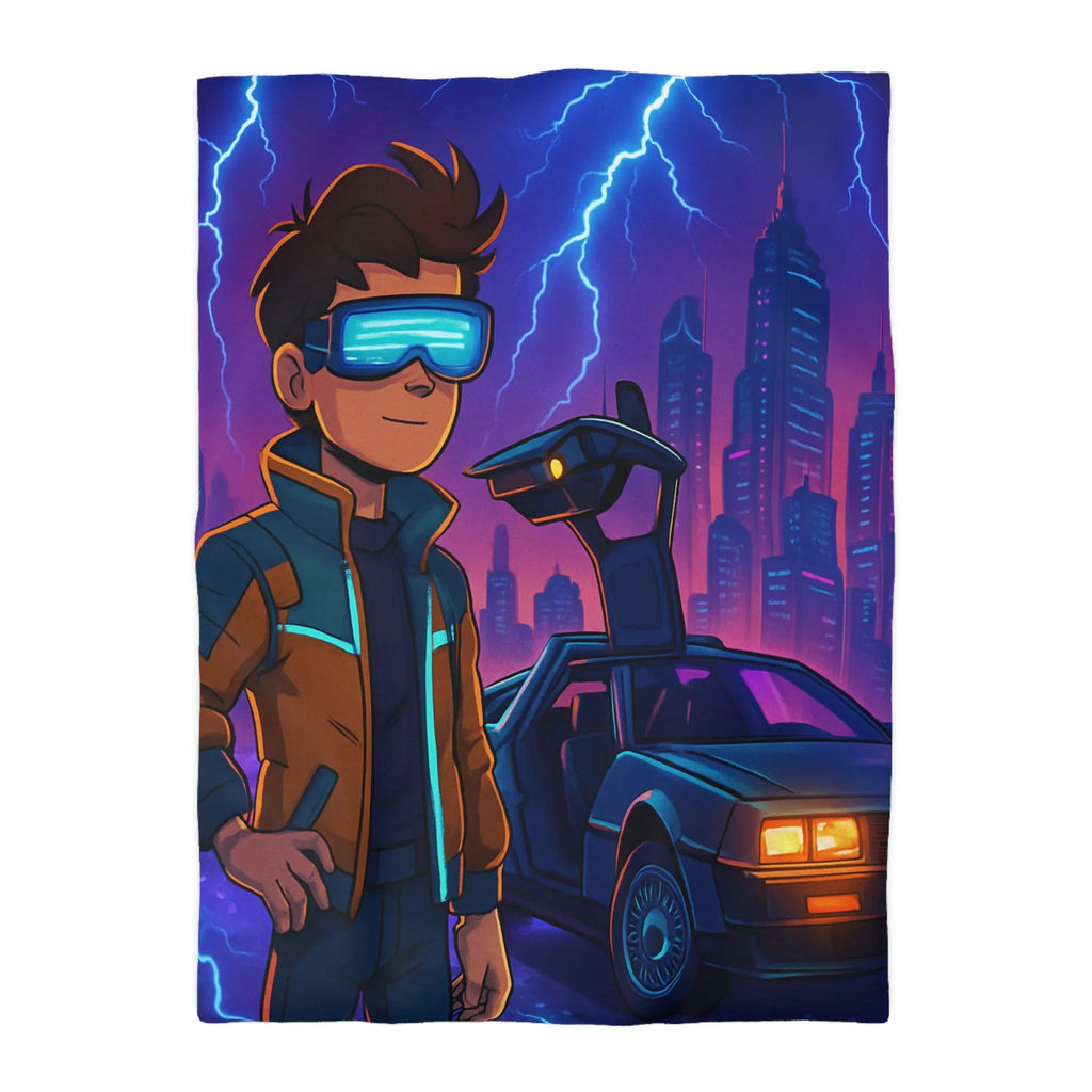 Housse de Couette Futuriste Style Rétro avec Éclair, Voiture et Jeune Garçon Aventureux