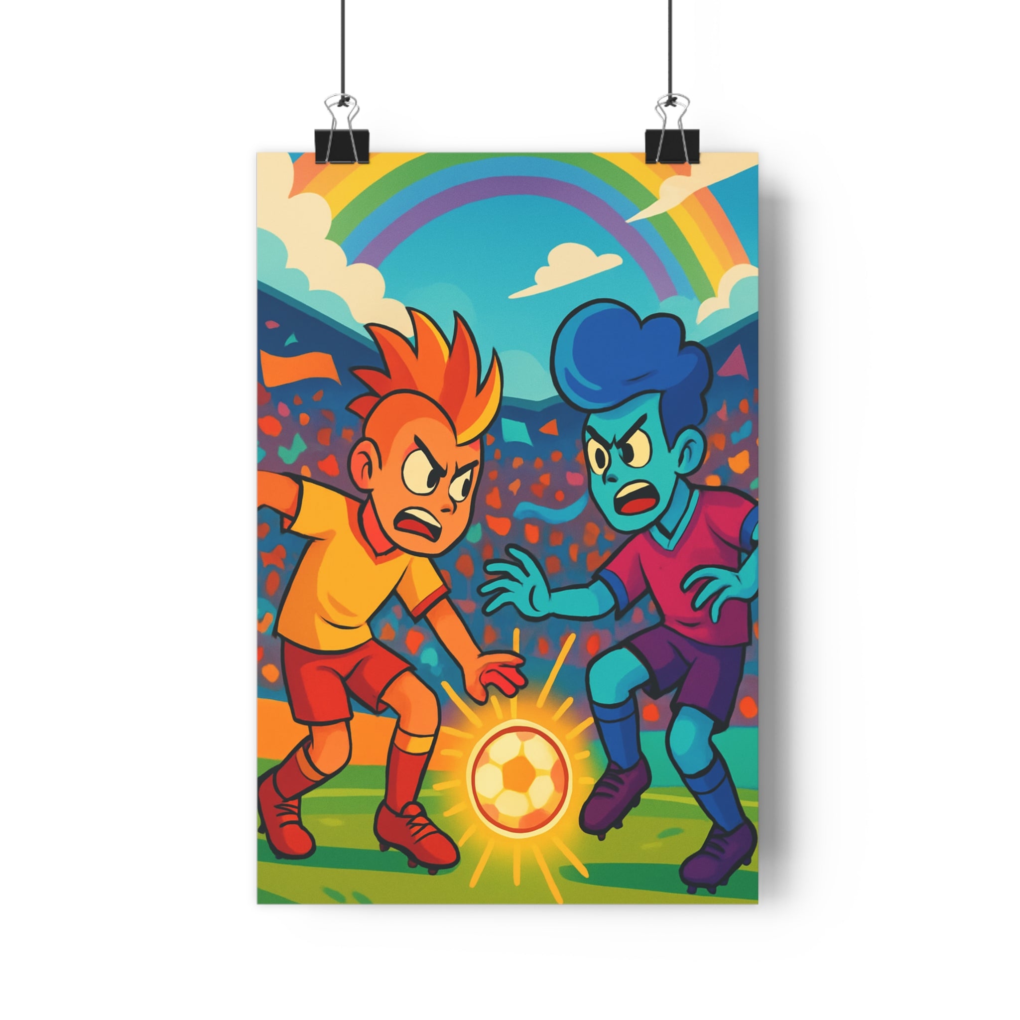 Poster décoratif cartoon vibrant football jaune rouge bleu violet joyeux salon chambre dynamique sportif