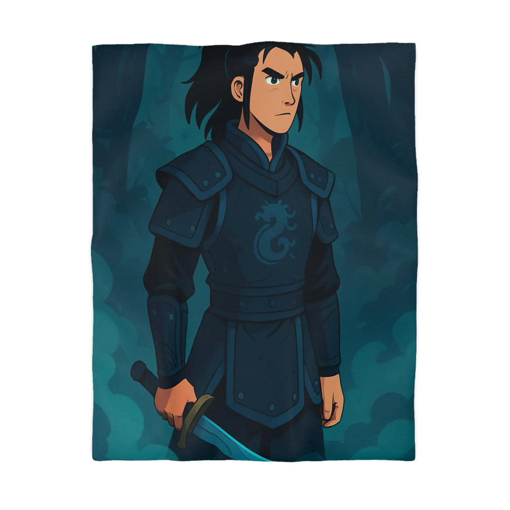 Housse de couette avec illustration guerrier en armure et épée dans la forêt magique