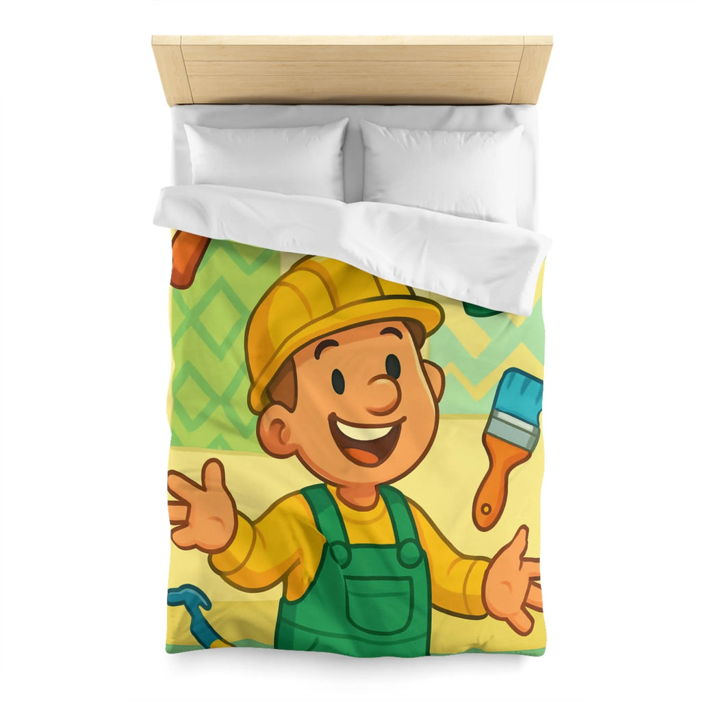 Housse de couette joyeuse pour enfants avec outils de bricolage et personnage souriant