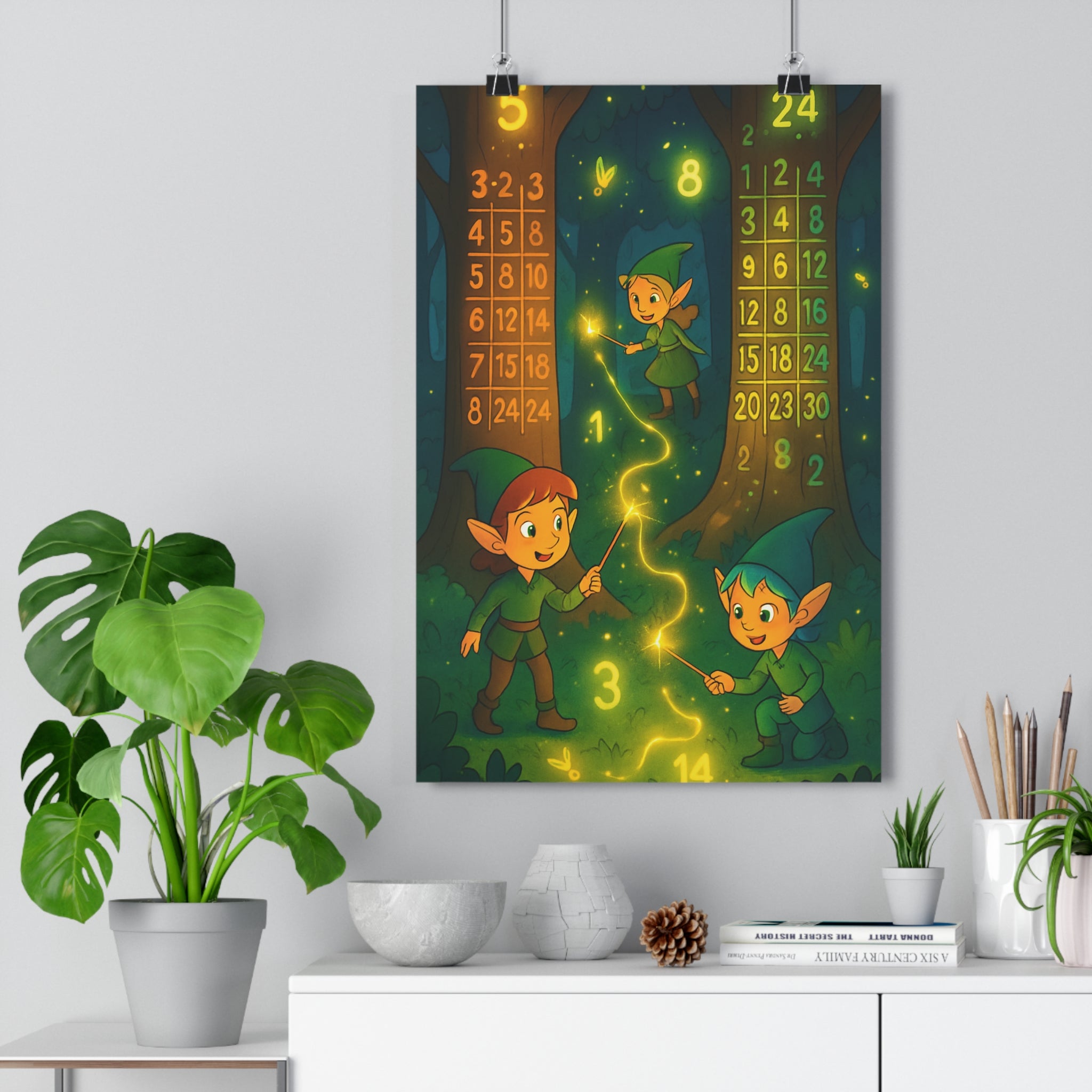 Poster décoratif féerique vert doré chambre enfant magique forêt lutins enchanteur ambiance lumineuse éducatif