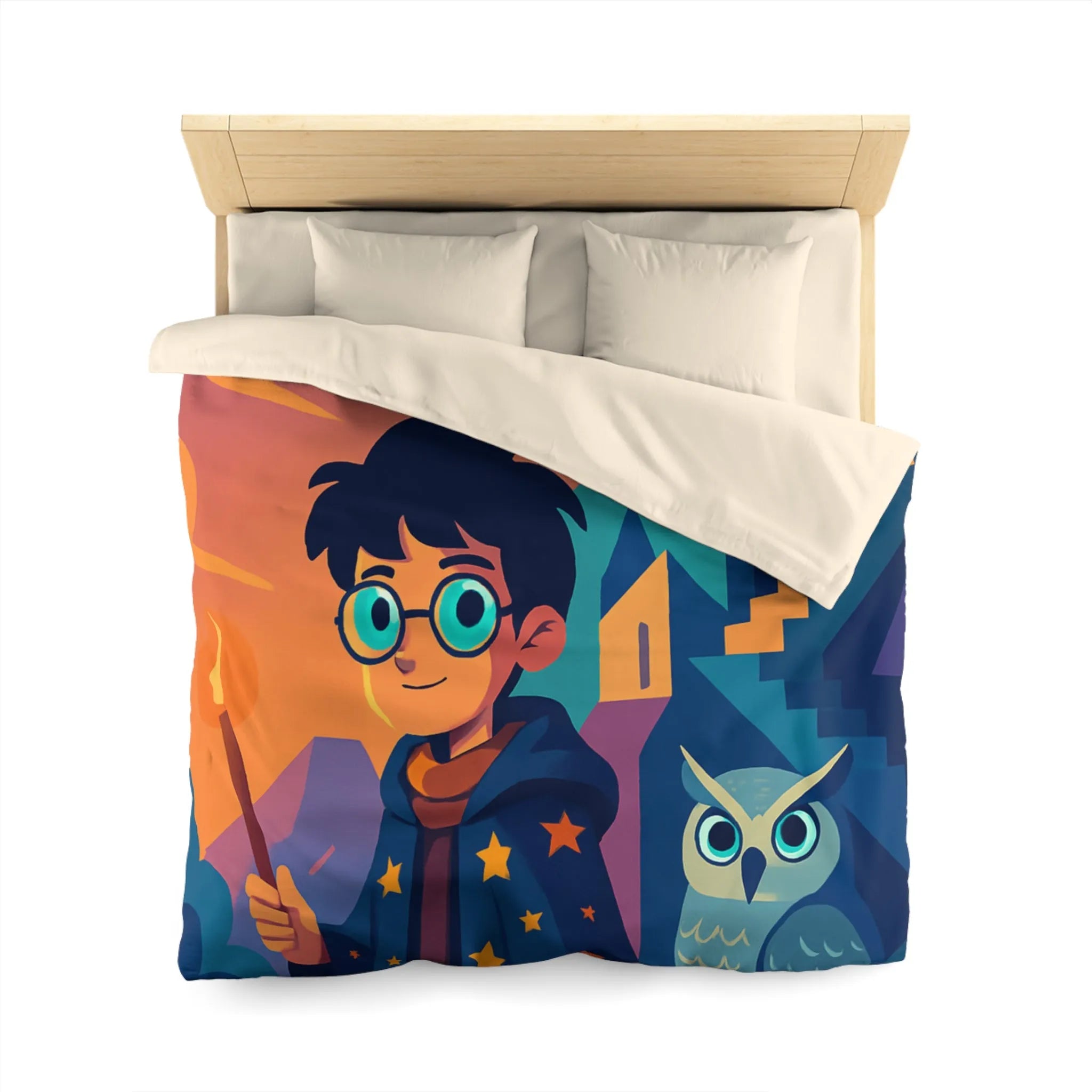 Housse de couette magique avec motif de garçon sorcier et hibou lumineux