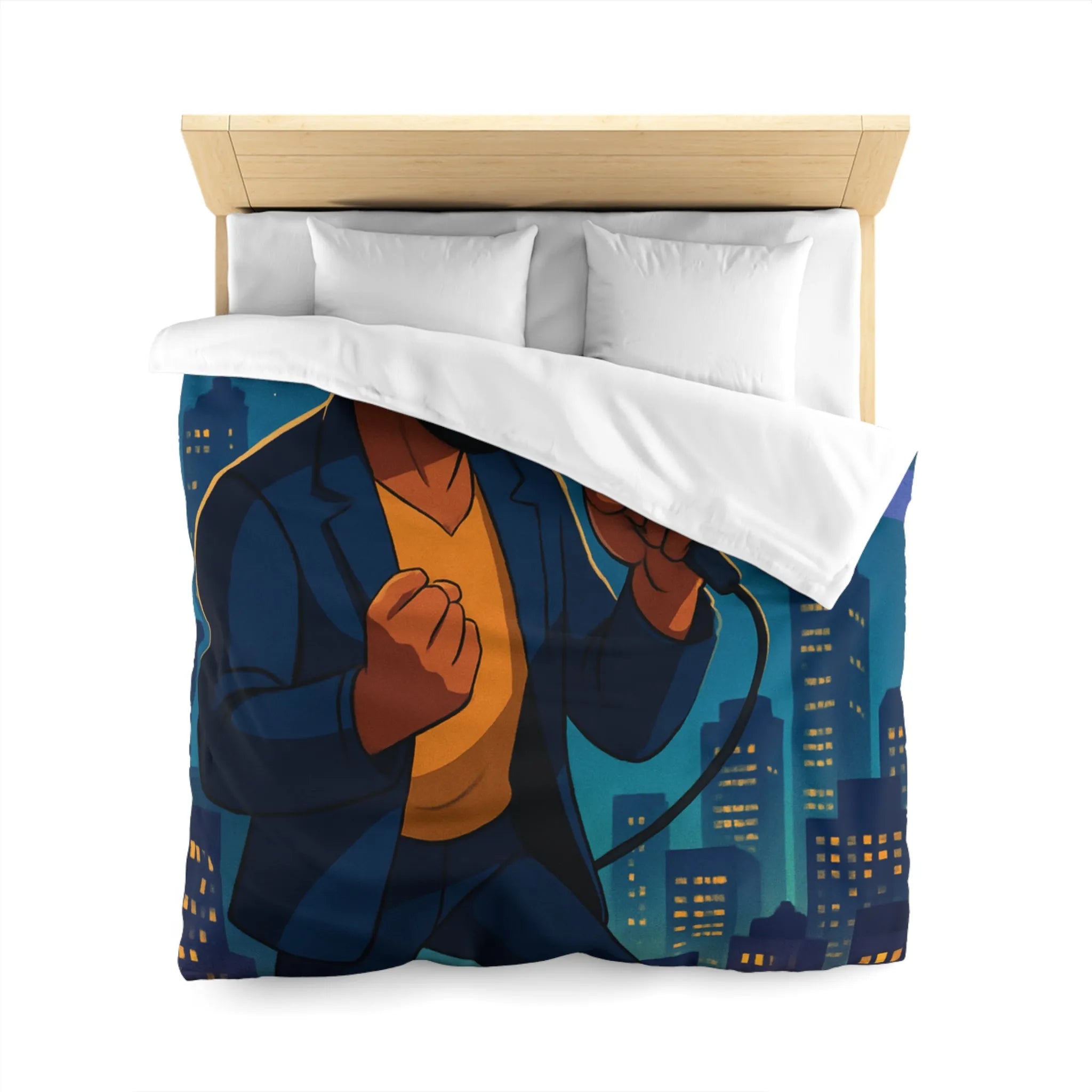 Housse de couette artistique : chanteur vibrant avec coucher de soleil et gratte-ciels