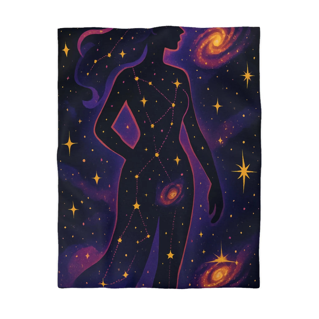 Housse de couette artistique silhouette femme constellation étoiles nébuleuses ambiance cosmique
