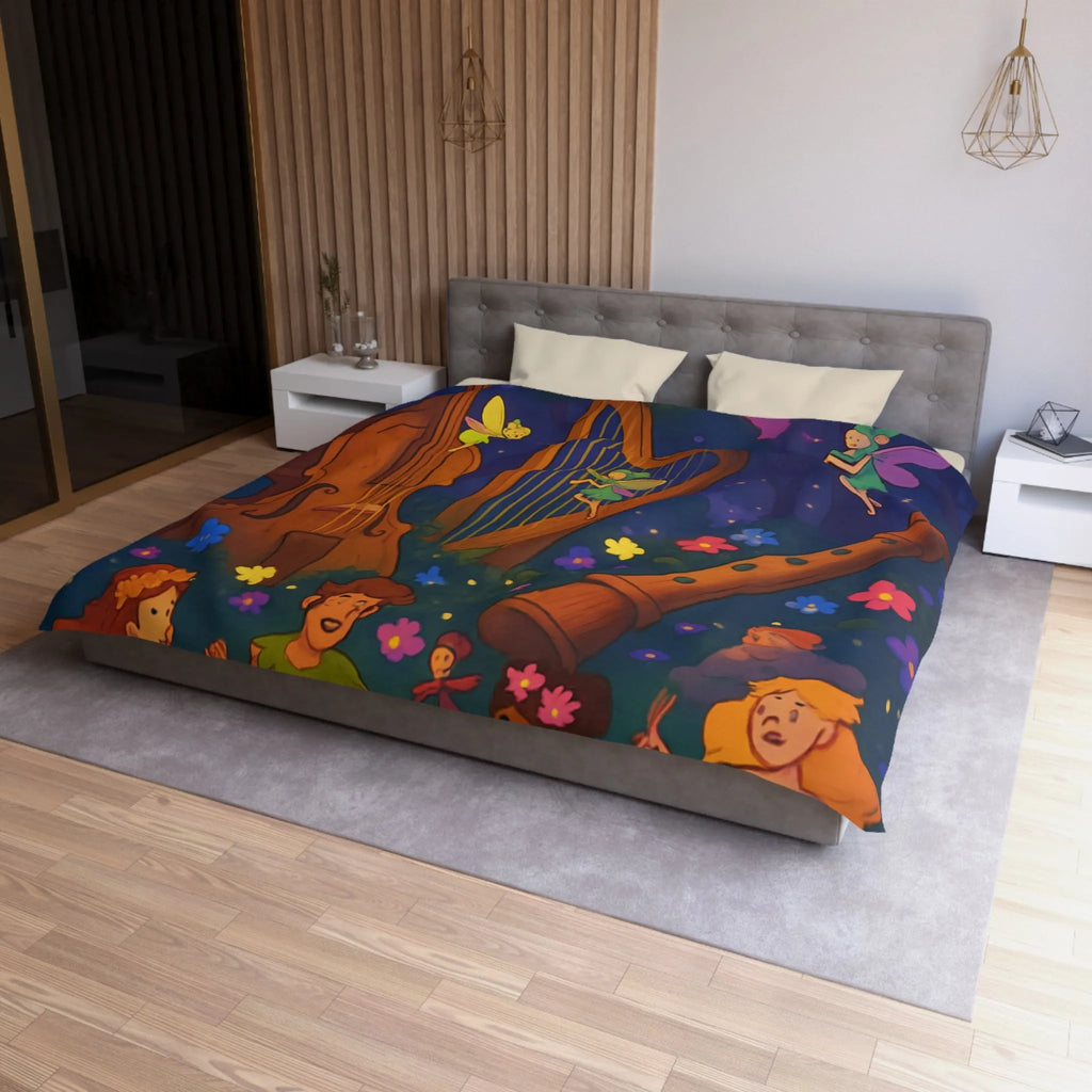 Housse de couette féérique forêt musicale, fées dansant avec fleurs et instruments enchanteurs