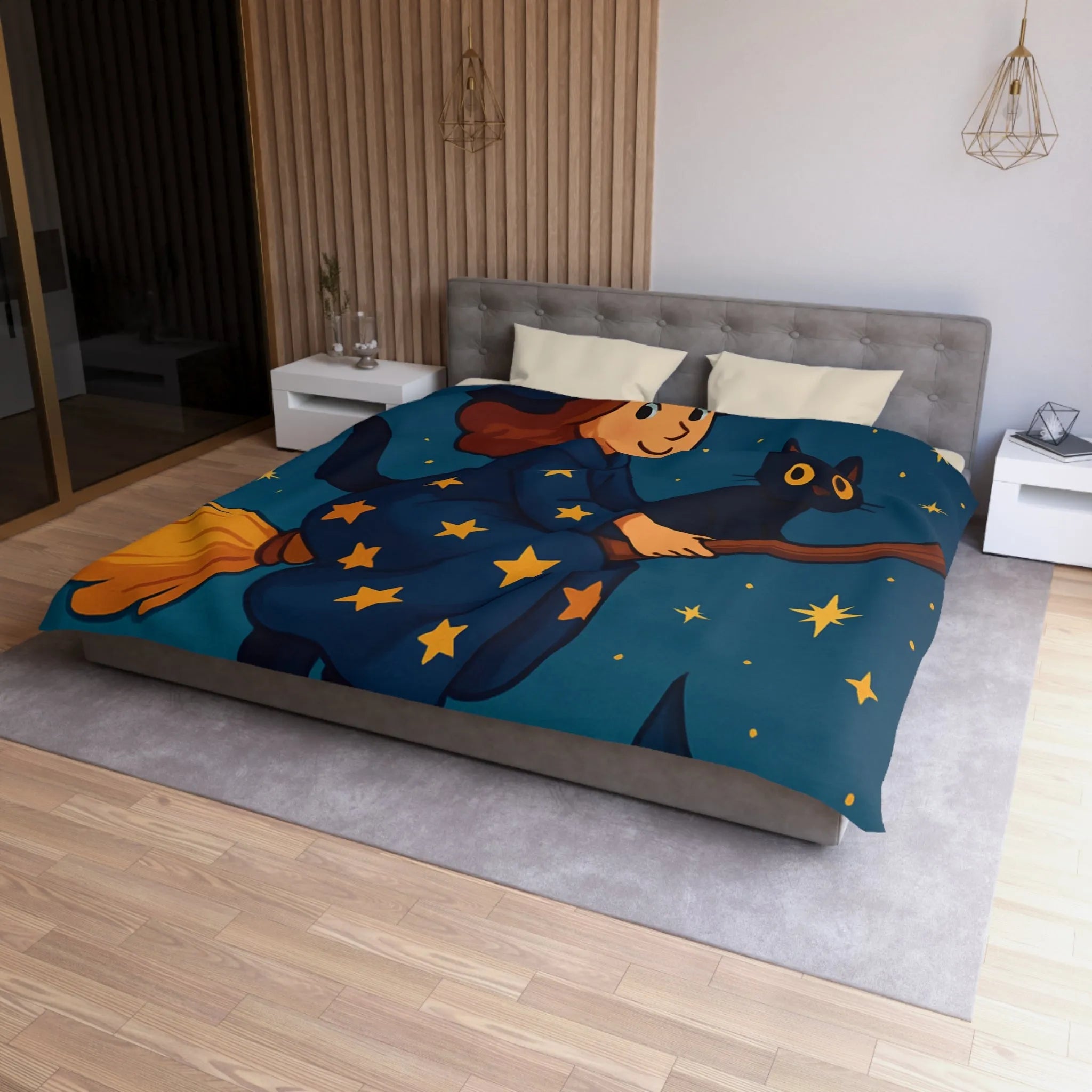 Housse de Couette Enfant Fantaisie Sorcière et Chat Noir sur Balai Nocturne