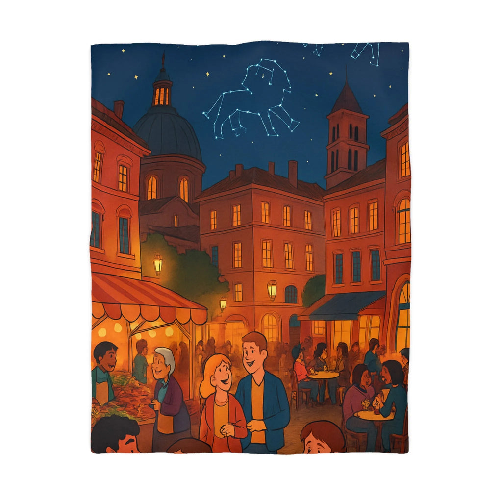 Housse de couette avec scène nocturne urbaine animée sous ciel étoilé