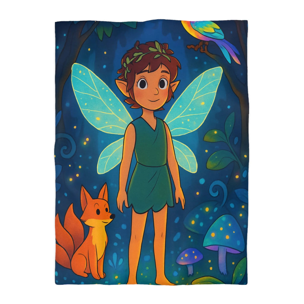 Housse de Couette Féerique avec Fée Ailée et Renard dans Forêt Enchantée Multicolore