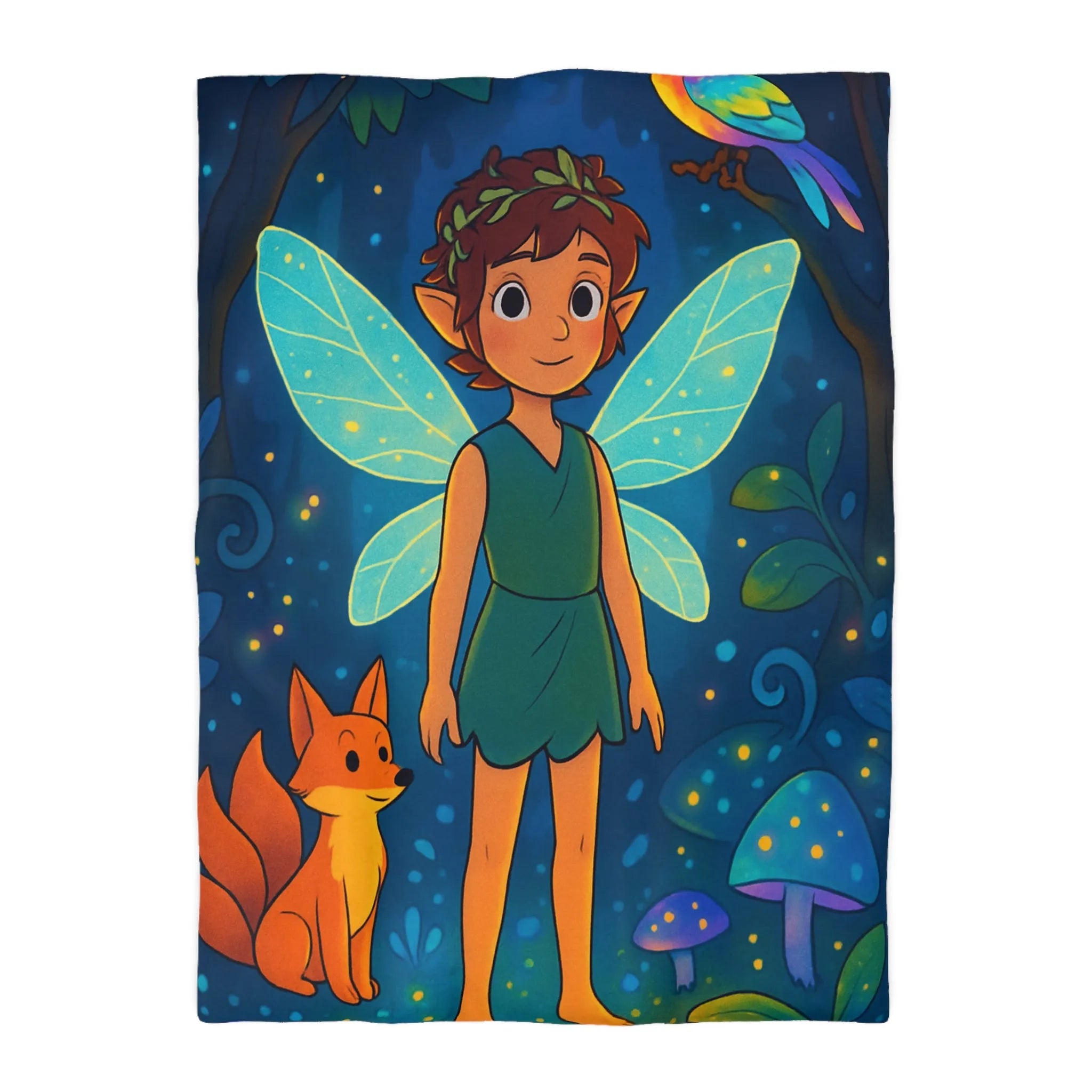Housse de Couette Féerique avec Fée Ailée et Renard dans Forêt Enchantée Multicolore