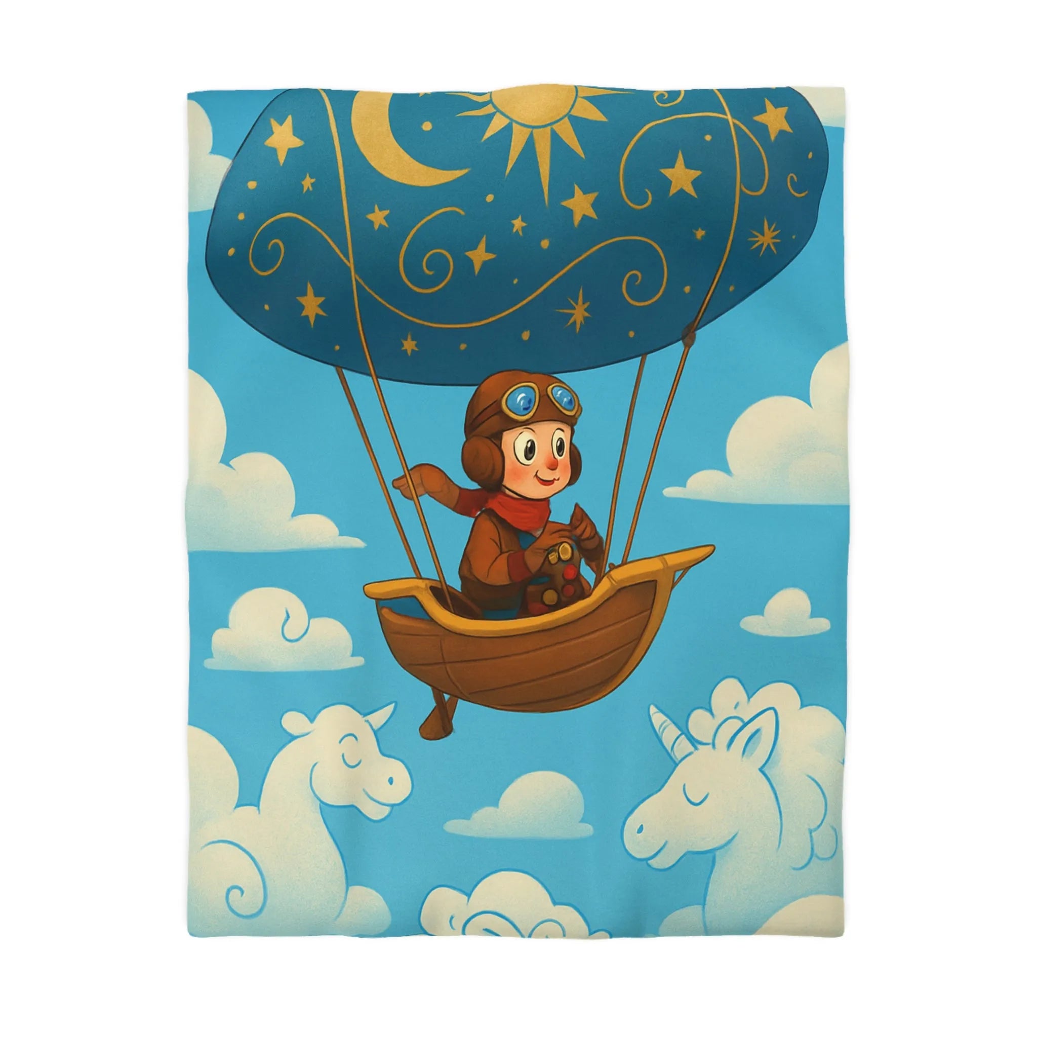 Housse de Couette Fantastique Enfantine avec Montgolfière et Licornes en Nuages