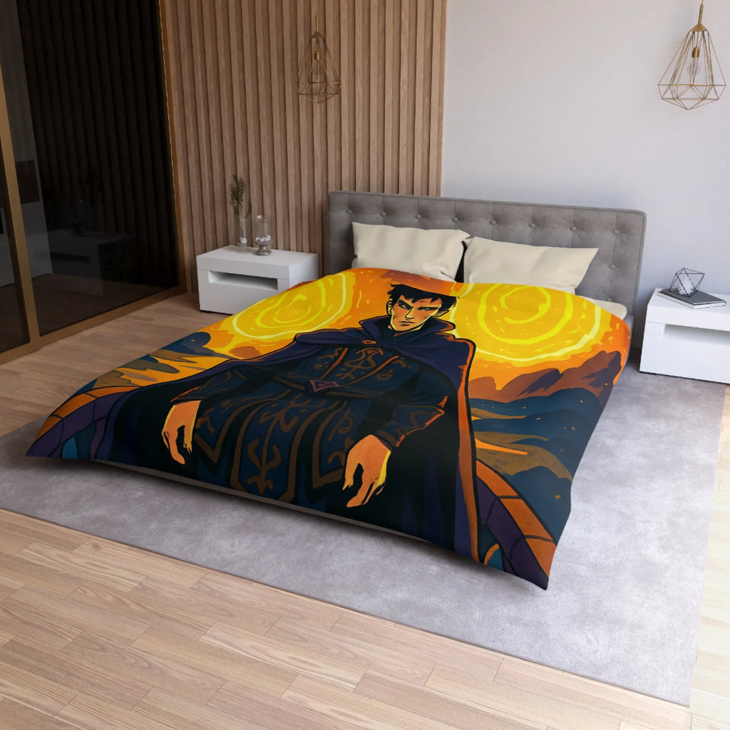 Housse de couette fantastique avec sorcier et portails lumineux dans paysage nocturne magique