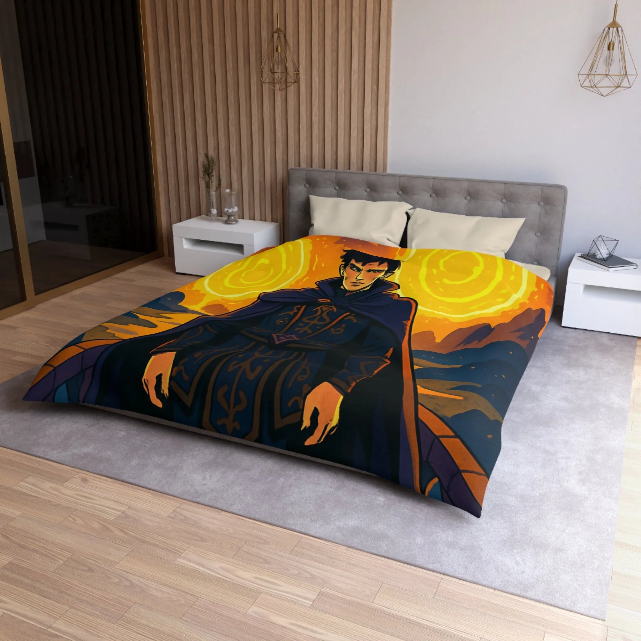 Housse de couette fantastique avec sorcier et portails lumineux dans paysage nocturne magique