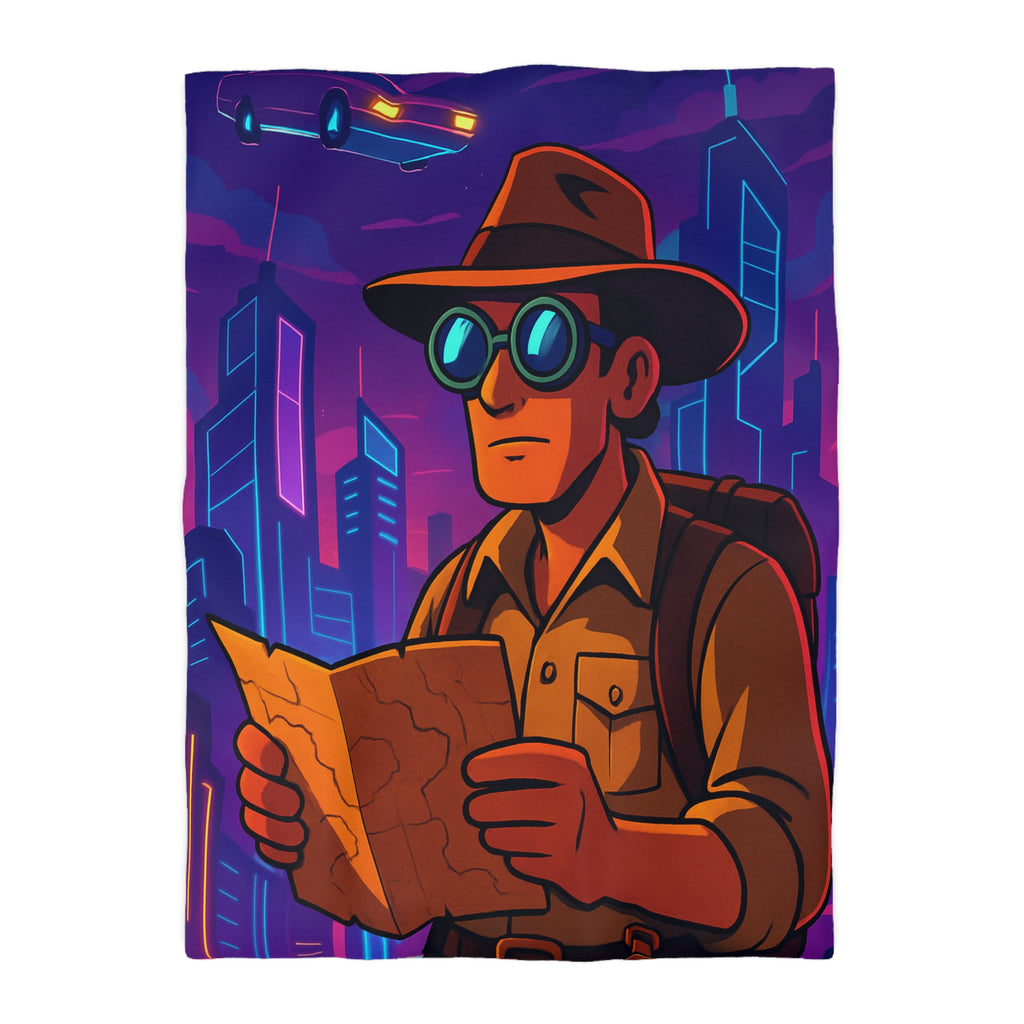 Housse de couette rétro futuriste avec explorateur urbain et voiture volante néon