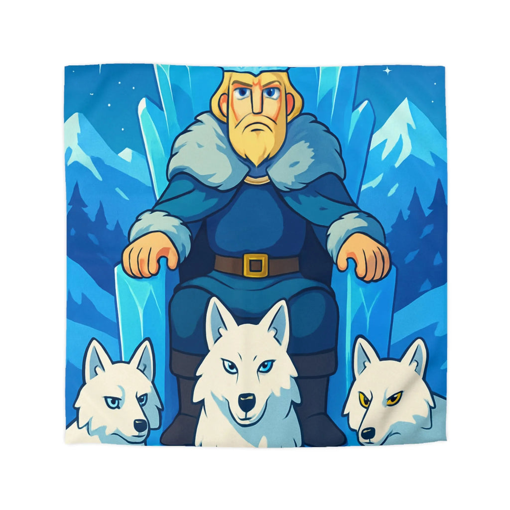 Housse de couette avec roi glacé sur trône de glace entouré de loups blancs