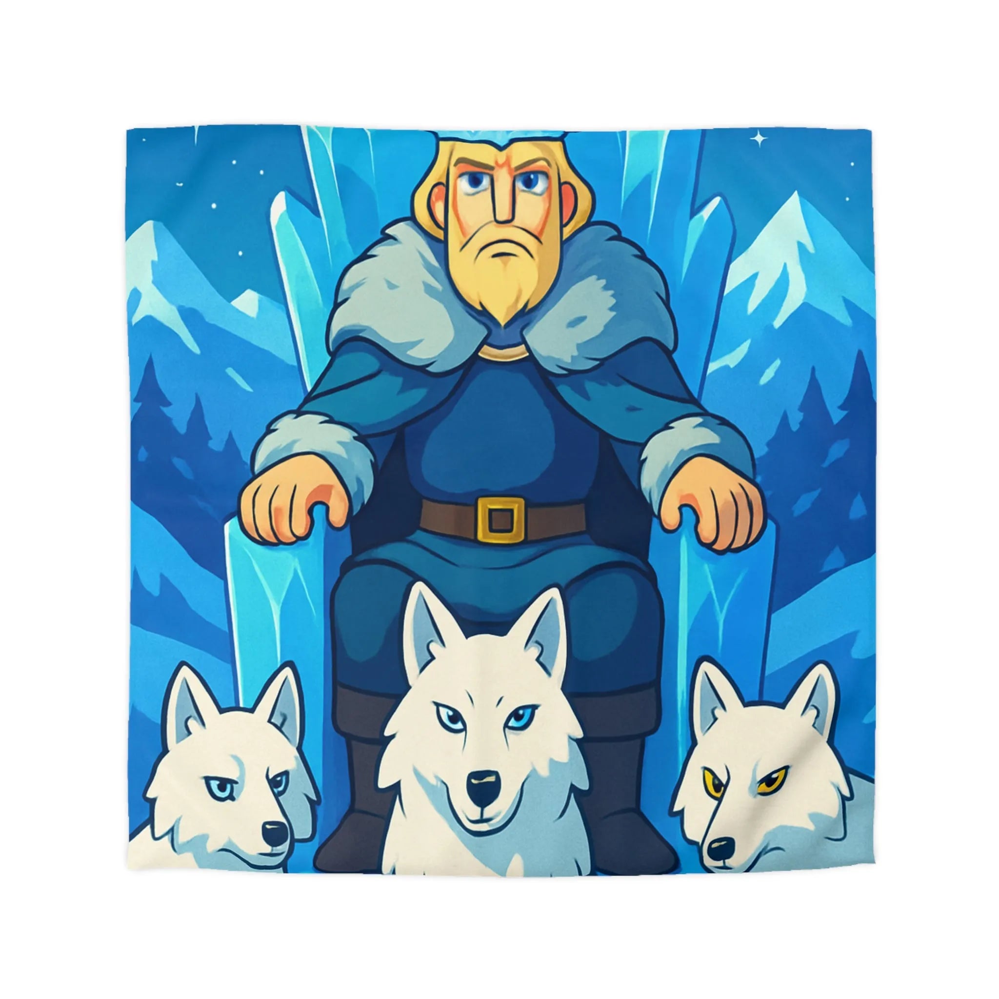 Housse de couette avec roi glacé sur trône de glace entouré de loups blancs