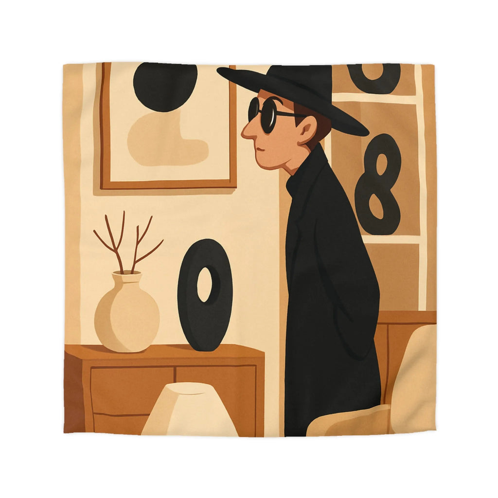 Élégant homme en noir dans salon moderne minimaliste aux accents artistiques abstraits