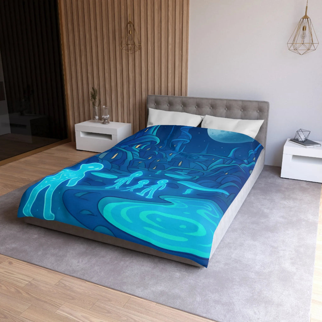 Housse de couette fantastique avec paysage extraterrestre, créatures lumineuses et lune mystique