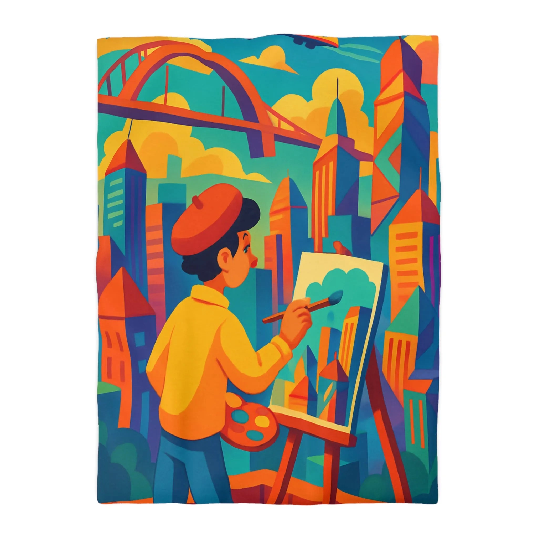 Housse de couette illustrée avec artiste et paysage urbain aux couleurs vibrantes