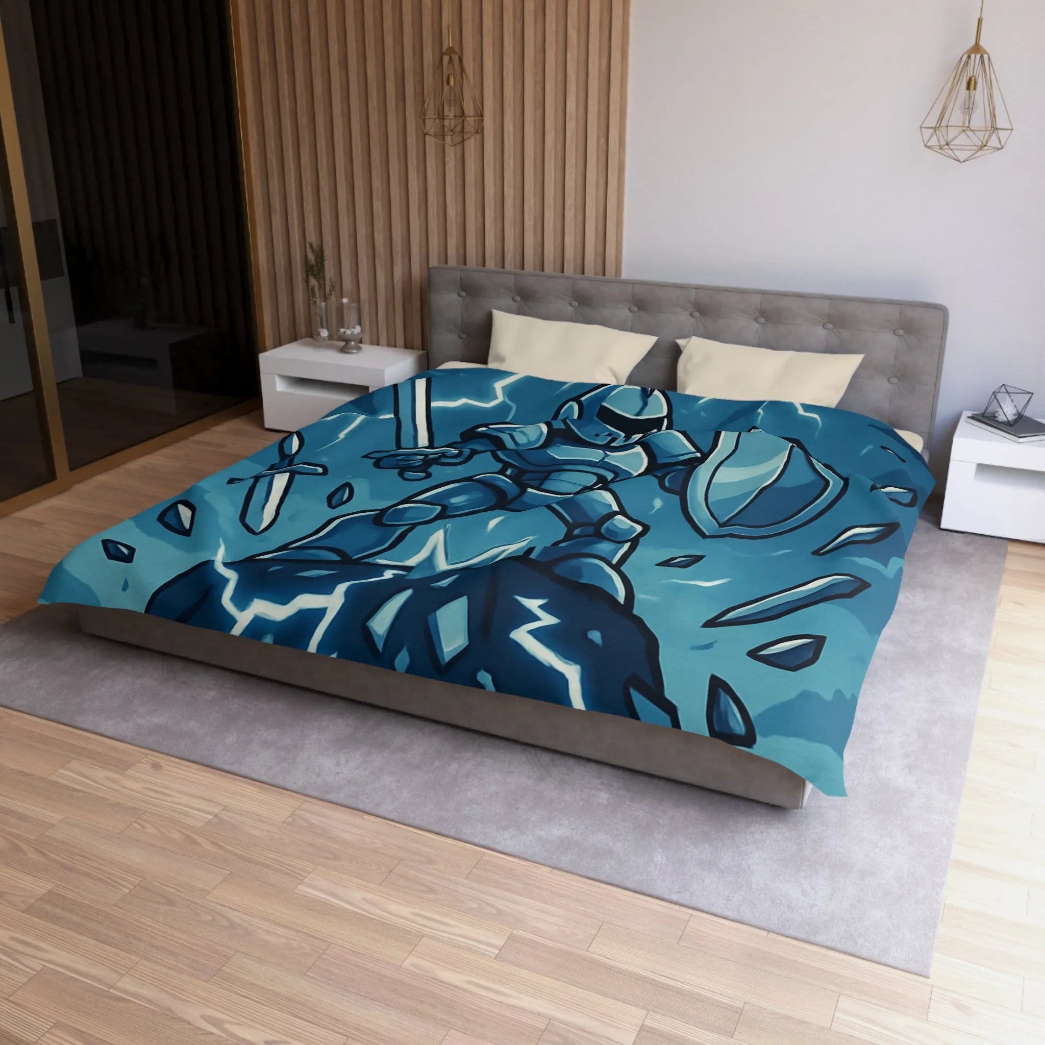 Housse de couette chevalier vaillant avec épée et bouclier sous éclairs bleus