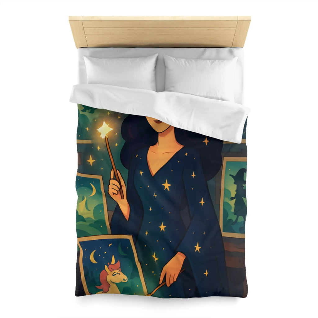 Housse de couette magique avec motif étoilé et créatures fantastiques pour chambre féérique