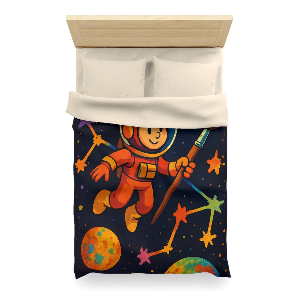 Housse de couette enfant : astronaute, peintre de l'univers, planètes colorées et célestes étoiles