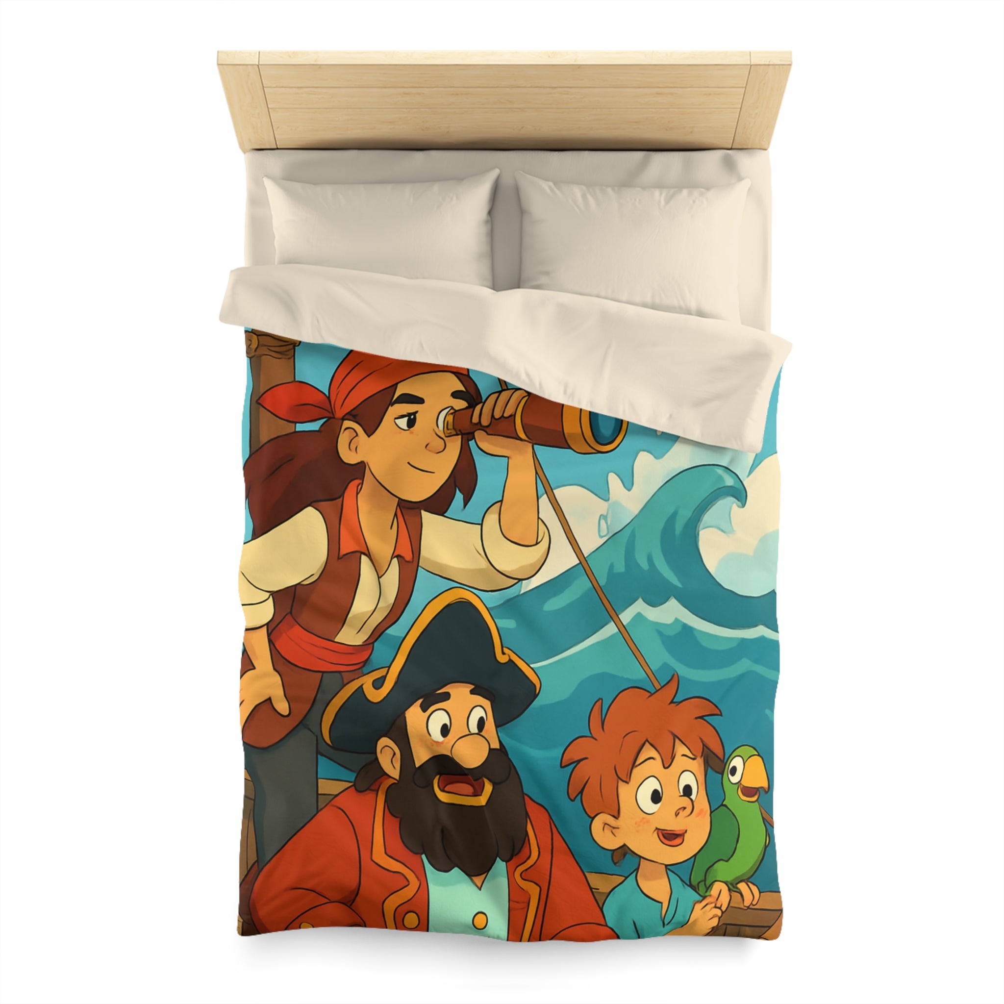 Housse de couette pirate avec poisson doré et personnages aventuriers sur l'océan