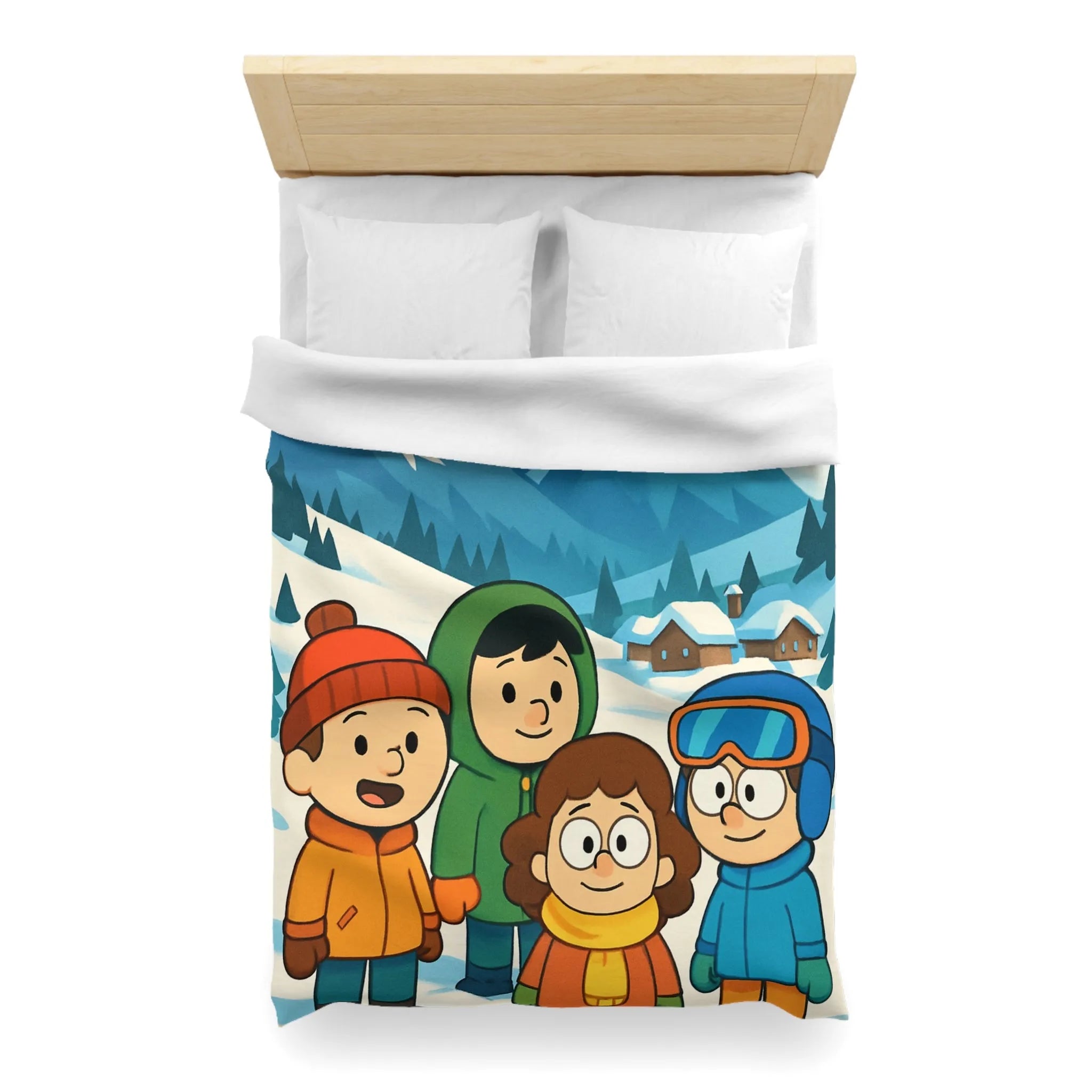 Housse de couette avec enfants joyeux et montagnes enneigées pour chambre d'enfant