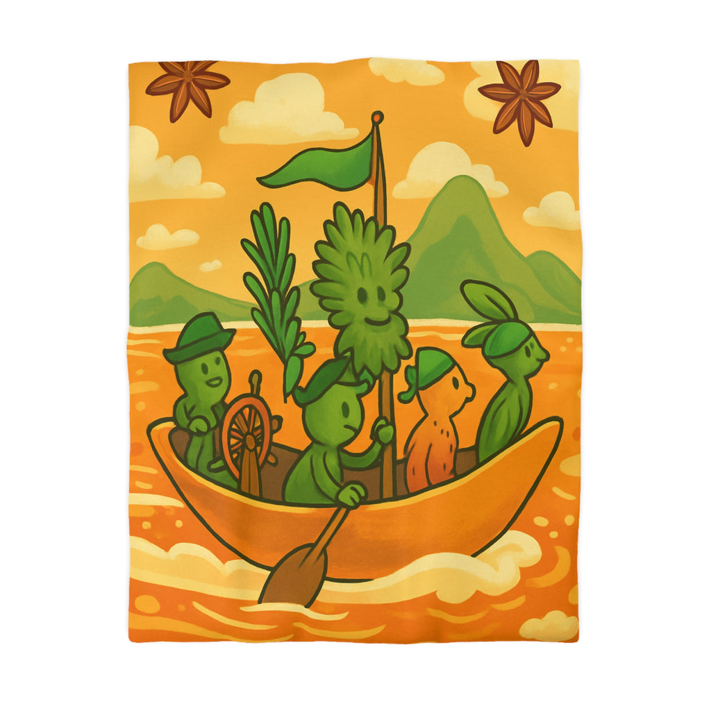 Housse de couette originale avec personnages verts naviguant sur mer orangée ludique