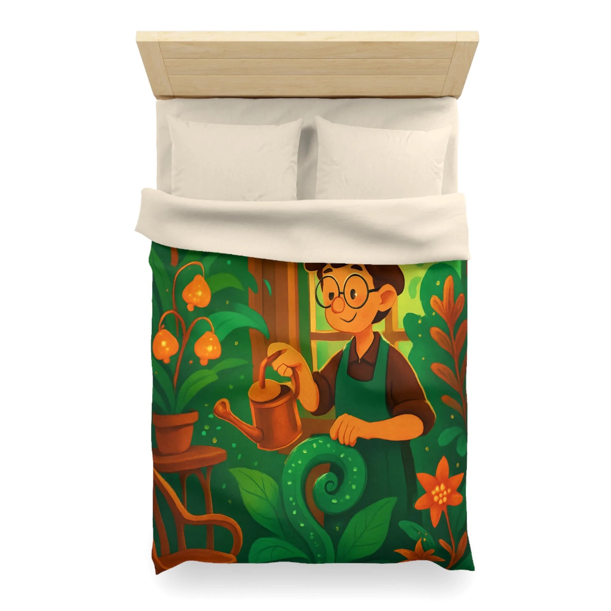 Housse de couette colorée avec illustration botanique d'intérieur et personnage jardinier animé