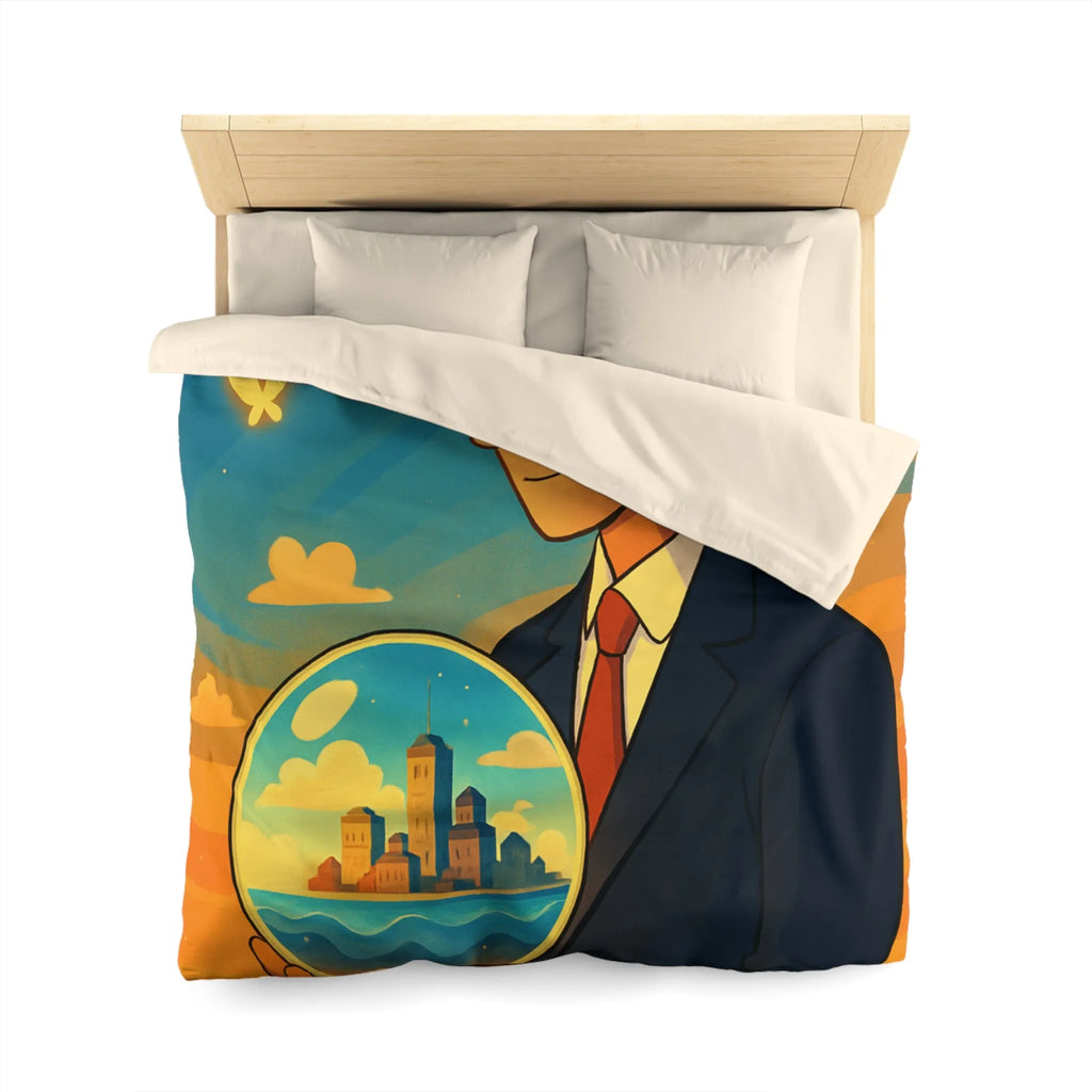 Housse de couette avec illustration surréaliste d'un homme tenant une sphère magique