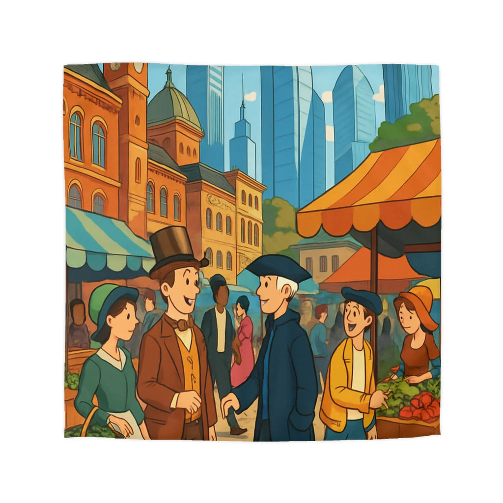 Housse de couette illustrée style rétro avec scène de marché urbain animé