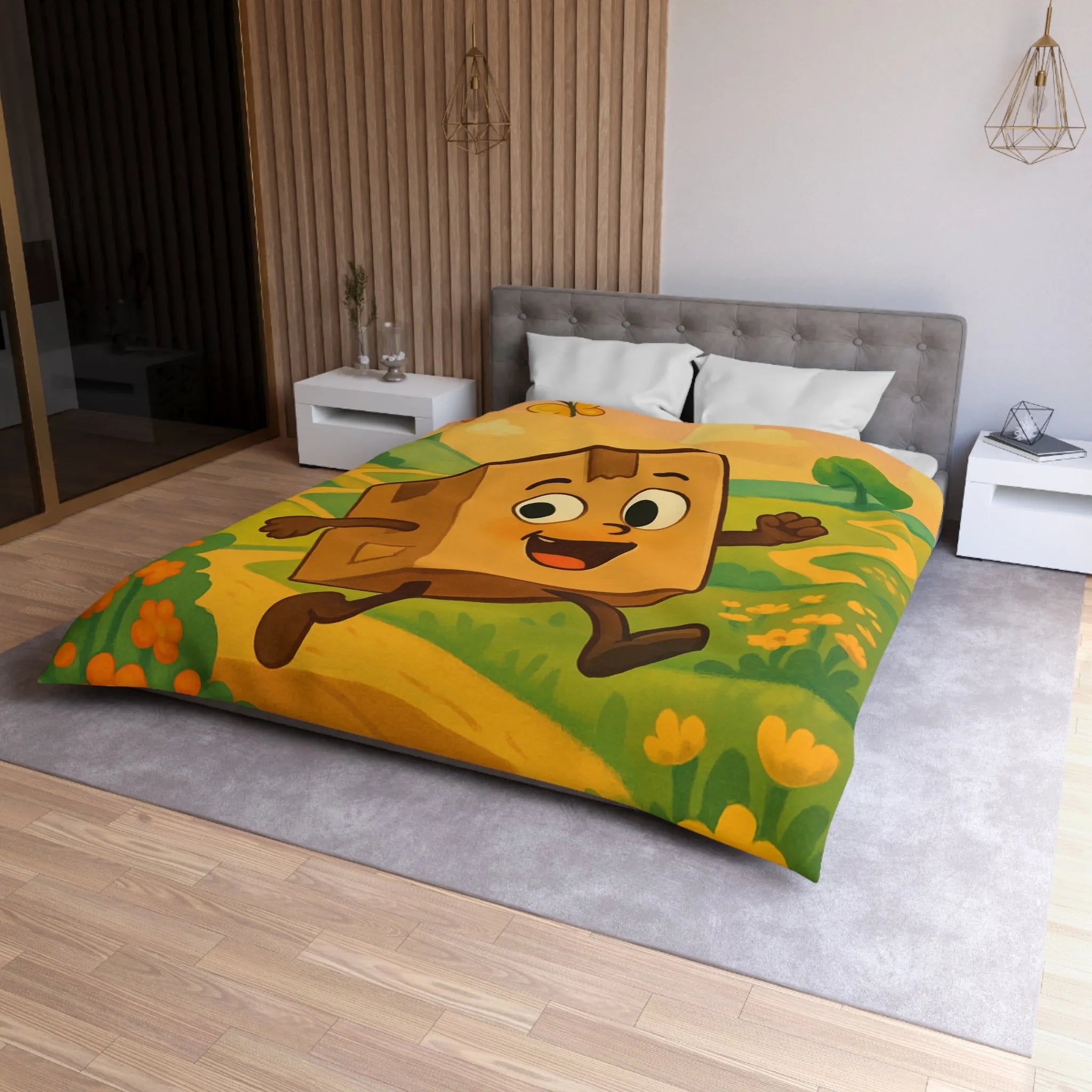 Housse de couette joyeuse avec paysage printanier et boîte sautillante amicale