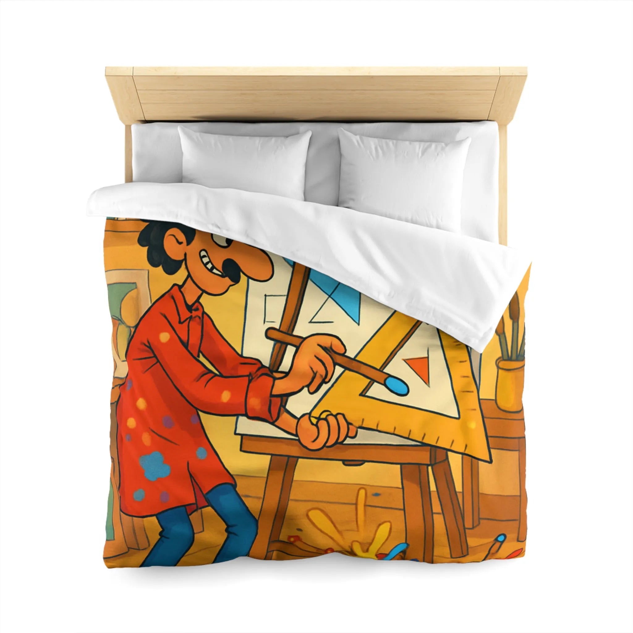 Housse de couette artistique avec motif géométrique et artiste cartoon en atelier coloré