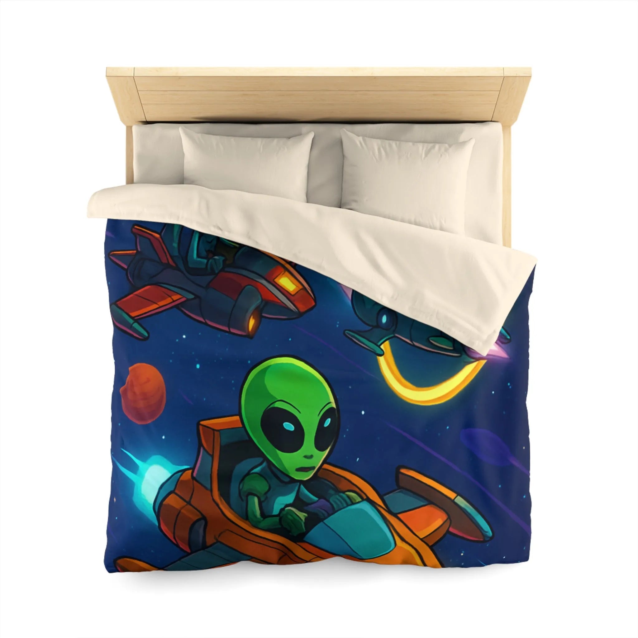 Housse de Couette avec Motifs d'Aliens en Course Spatiale et Anneaux Lumineux