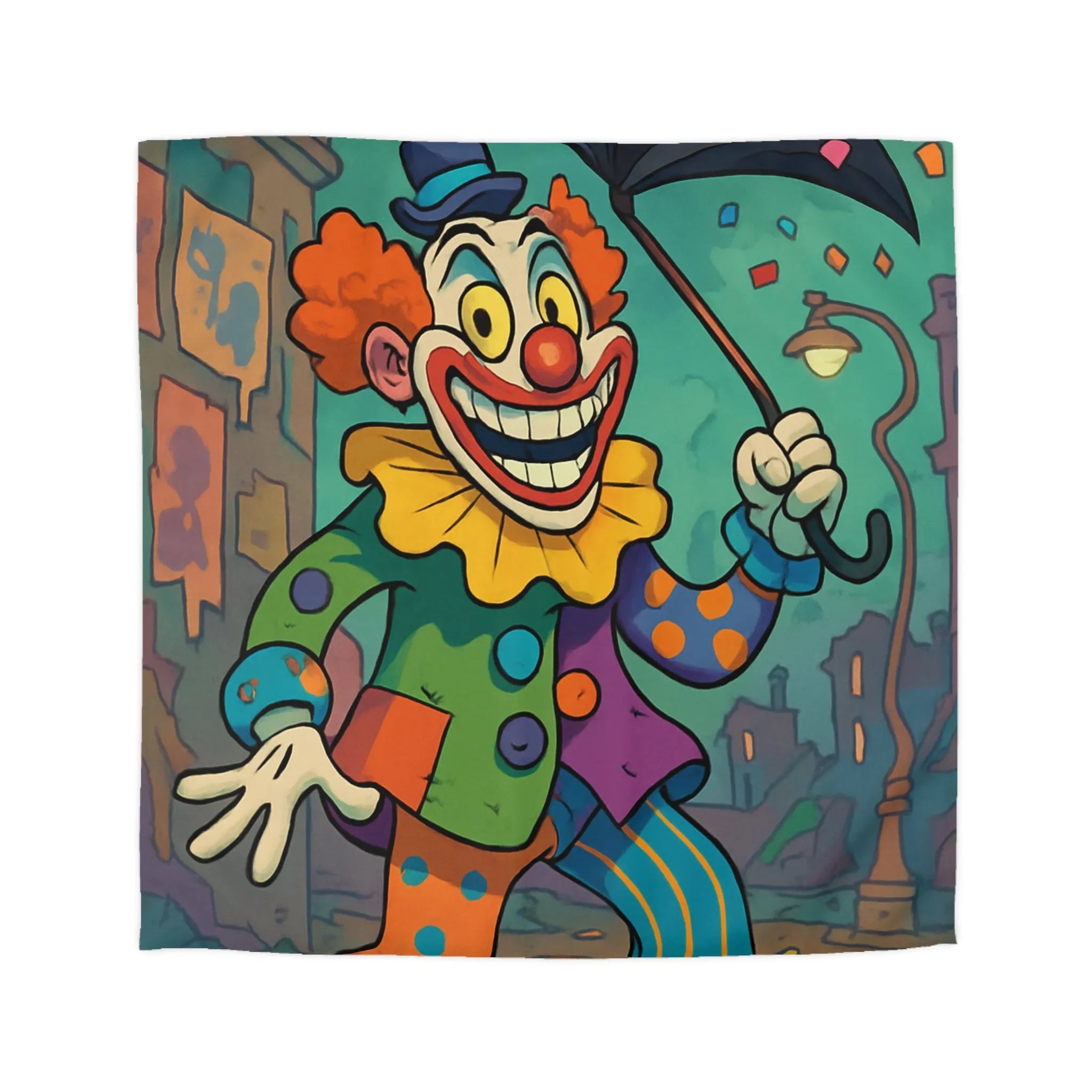 Housse de couette colorée avec clown joyeux et parapluie en pleine ville animée